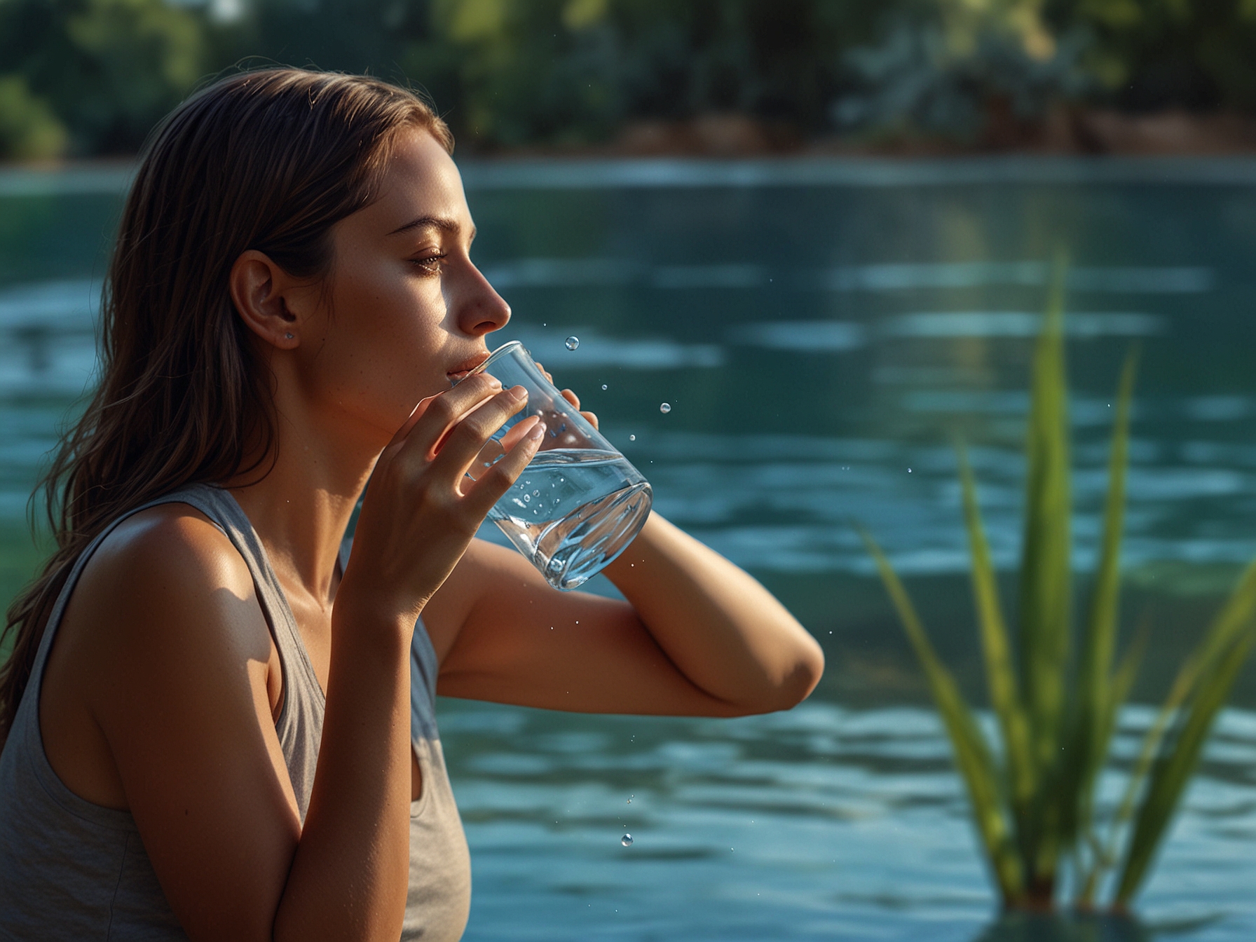 A tranquil scene of someone drinking water, reminding viewers of the importance of hydration for maintaining smooth and glowing skin.