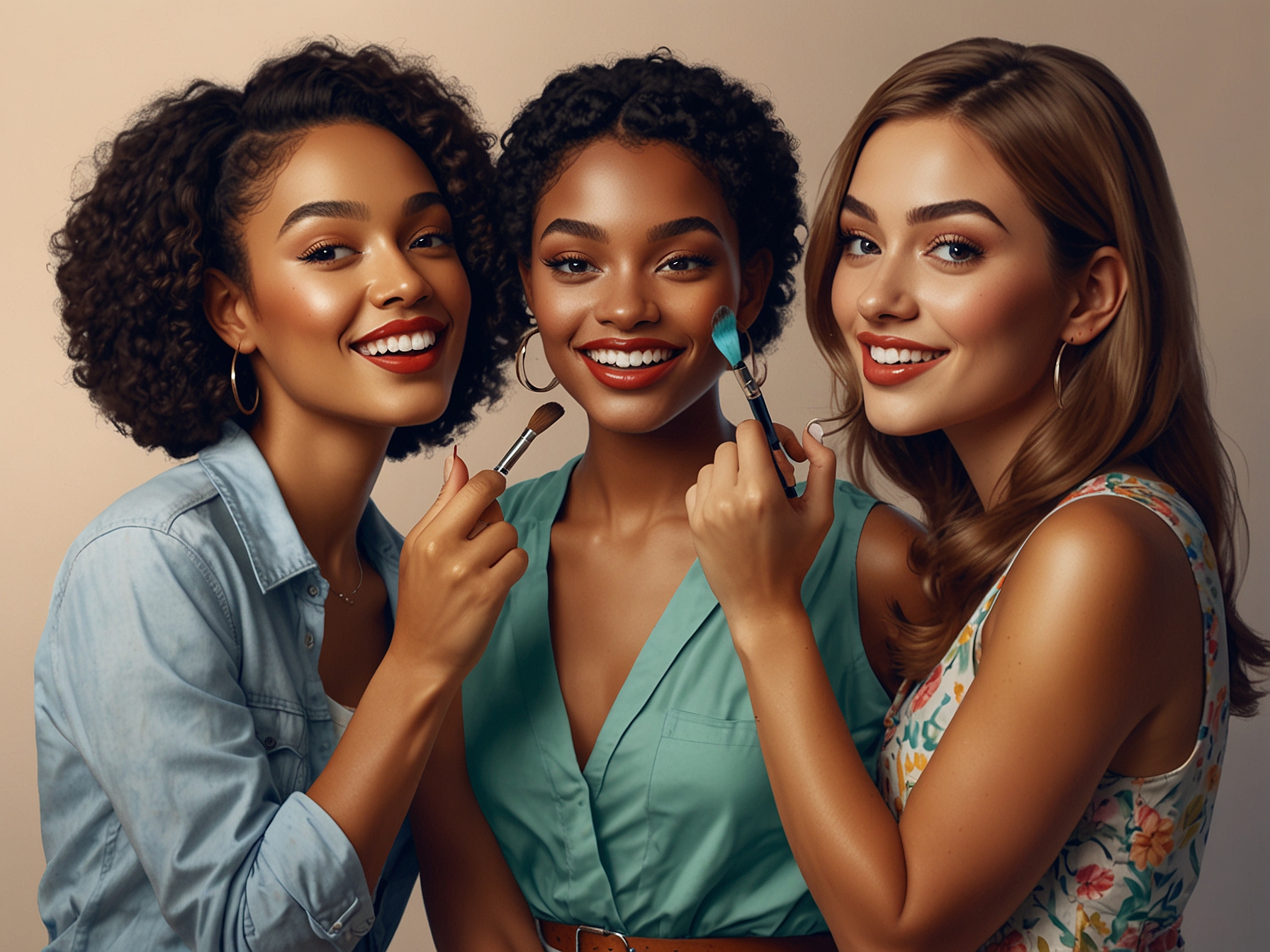 A diverse group of friends experimenting with makeup in a playful setting, showcasing various cultural beauty standards and the joy of self-expression through creativity.