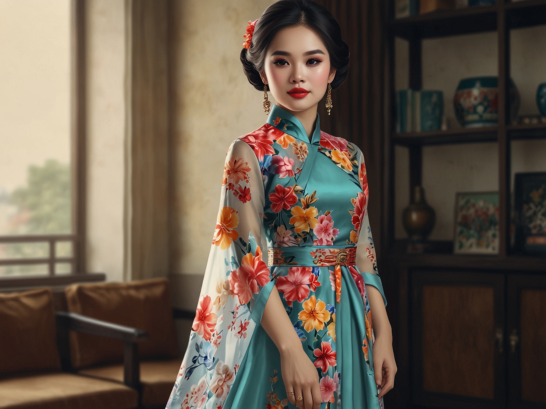 A traditional Vietnamese woman wearing a colorful Ao Dai while doing simple yet elegant makeup, representing the blend of modern and traditional beauty practices in Vietnam.