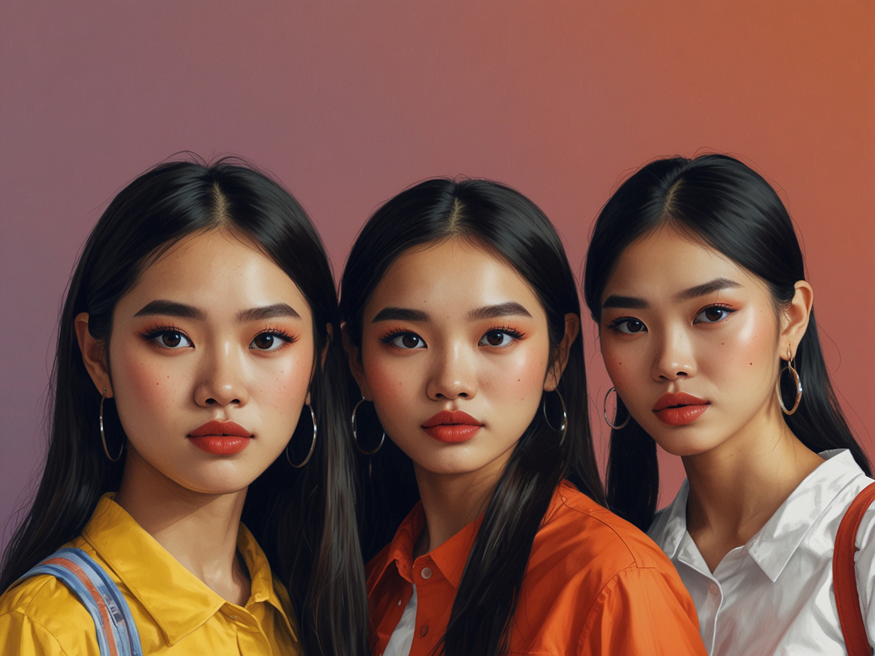 A group of young women showcasing their diverse makeup styles at school, illustrating the new trends and colorful expressions of individuality among modern Vietnamese youth.