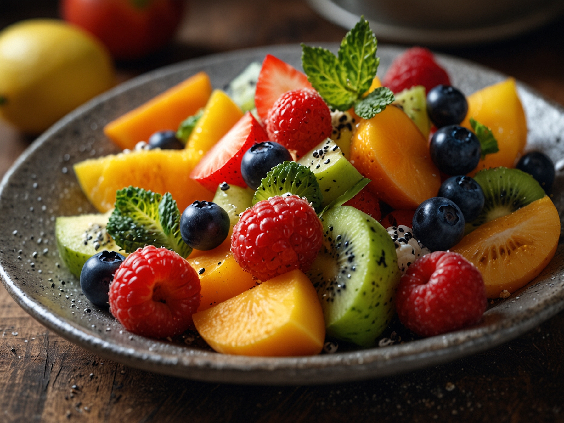 A colorful plate of fresh fruit salad with chia seeds, representing nutritious and delicious meal choices that contribute to a healthy lifestyle.