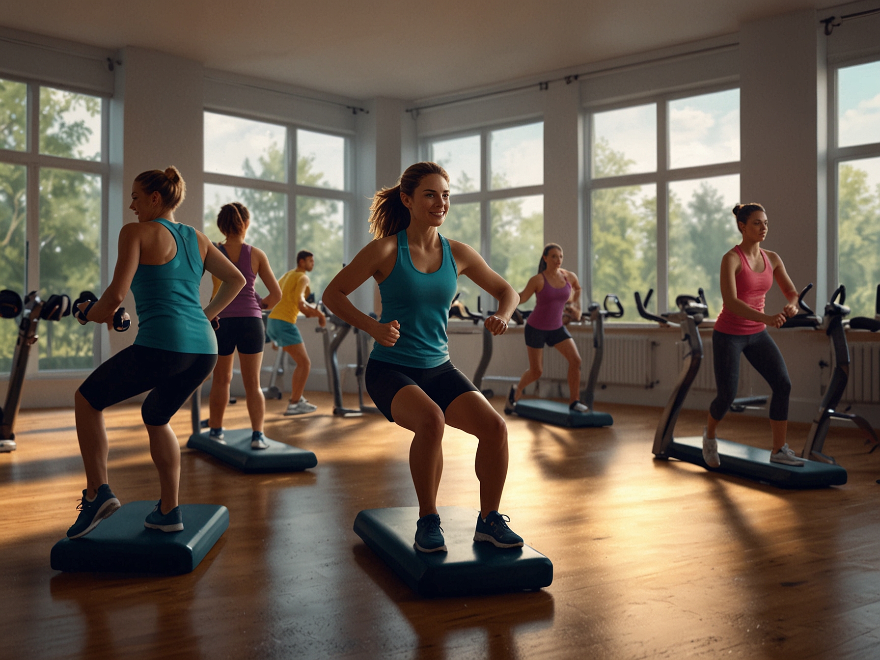 A group fitness class in action, showcasing the energy and camaraderie of people exercising together in a vibrant environment.