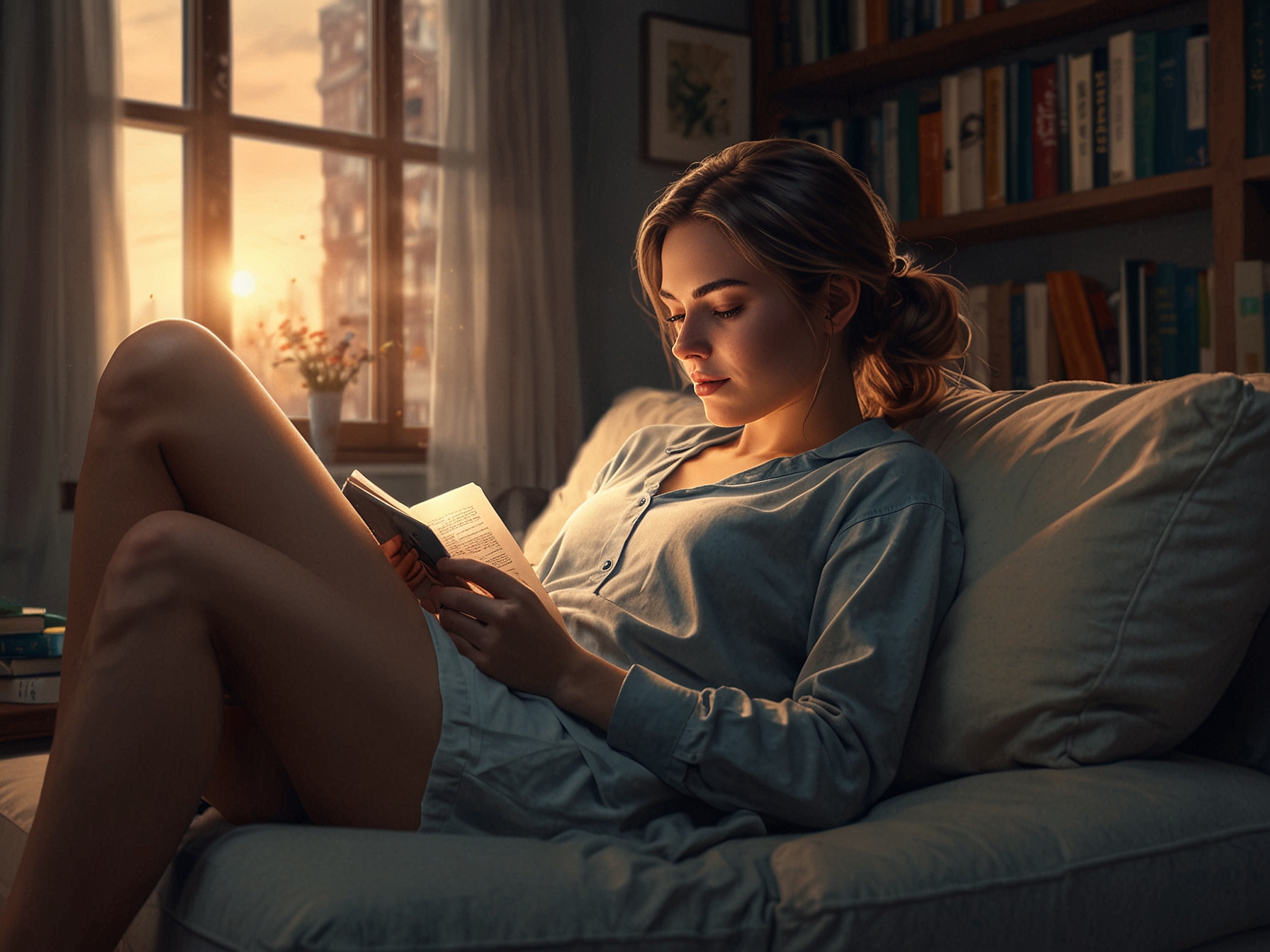 A young woman enjoying a relaxing evening with a favorite book, emphasizing the importance of mental health and relaxation in a balanced life.