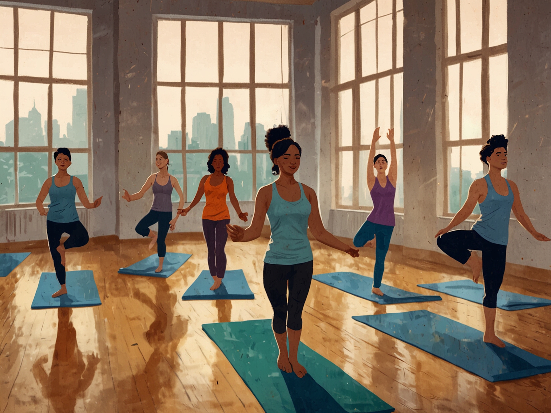 A group of friends participating in a yoga class, showcasing the mental and physical benefits of yoga. This illustrates the bonding moments while promoting wellness.