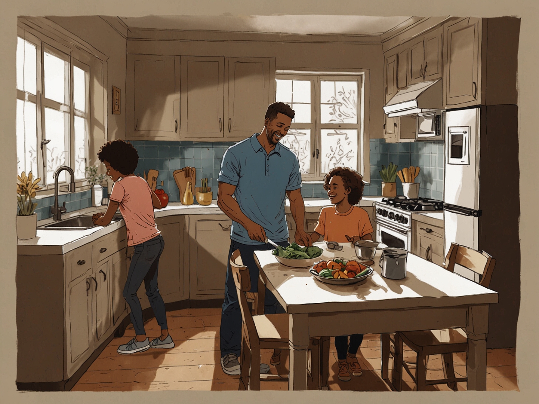 A family cooking a healthy meal together in the kitchen, emphasizing the importance of community support in maintaining a healthy lifestyle. This encourages shared moments and good habits.