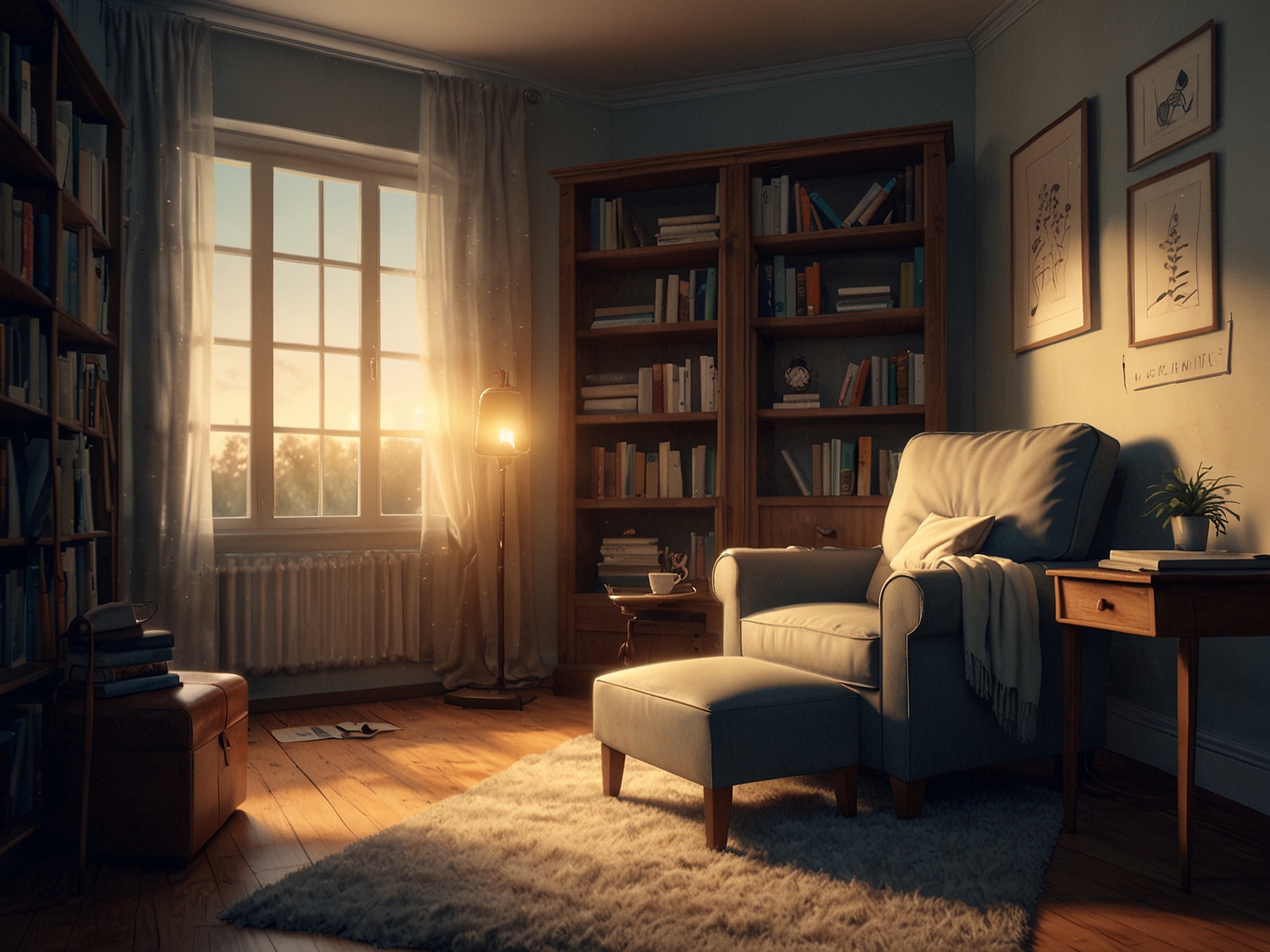 An inviting reading nook with a comfortable chair and a small bookshelf, illuminated by soft lighting, perfect for relaxing and diving into a good book.