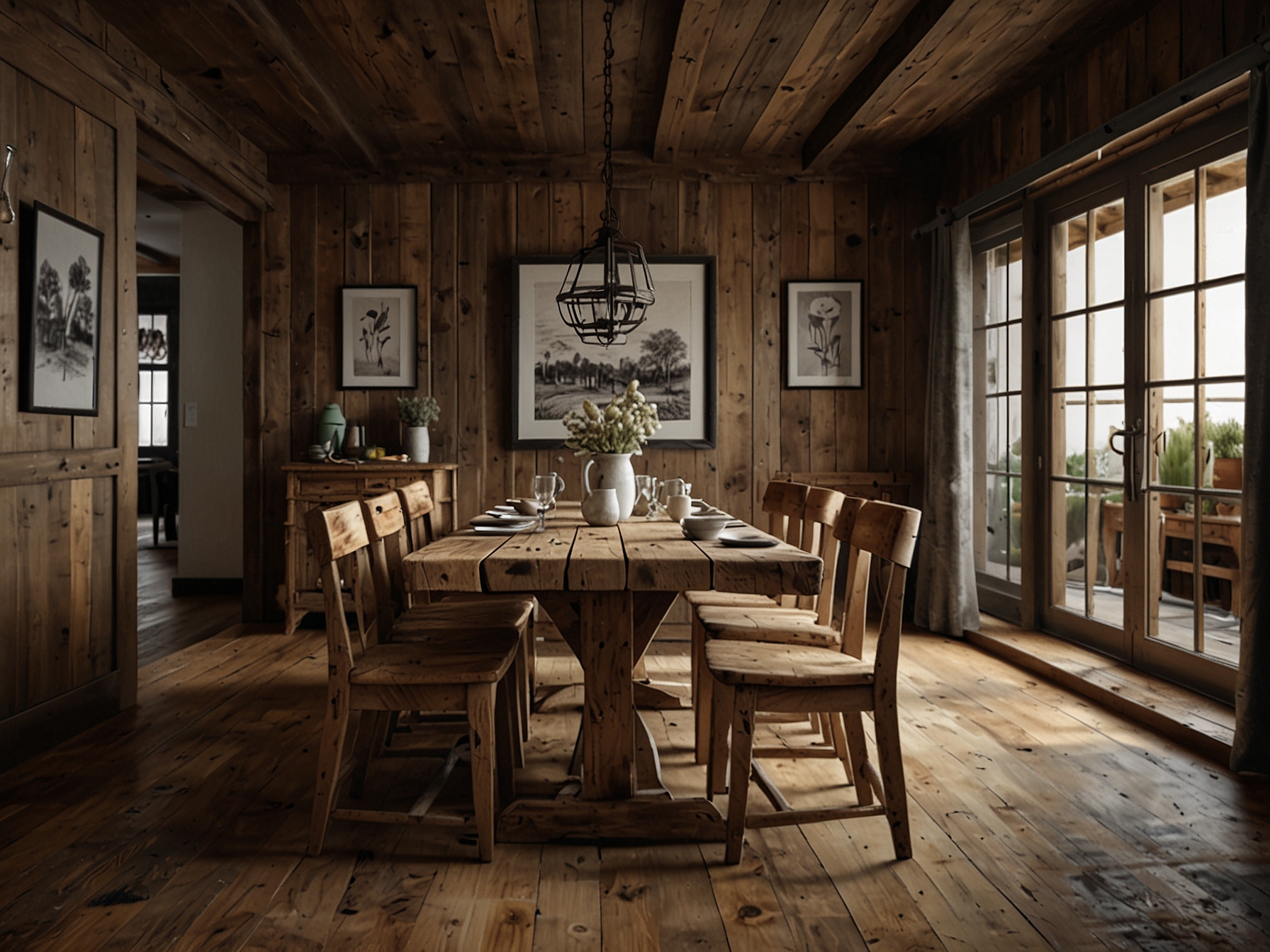 A rustic dining area featuring a unique table made from recycled wood, retaining its natural imperfections to add character and charm to the home.