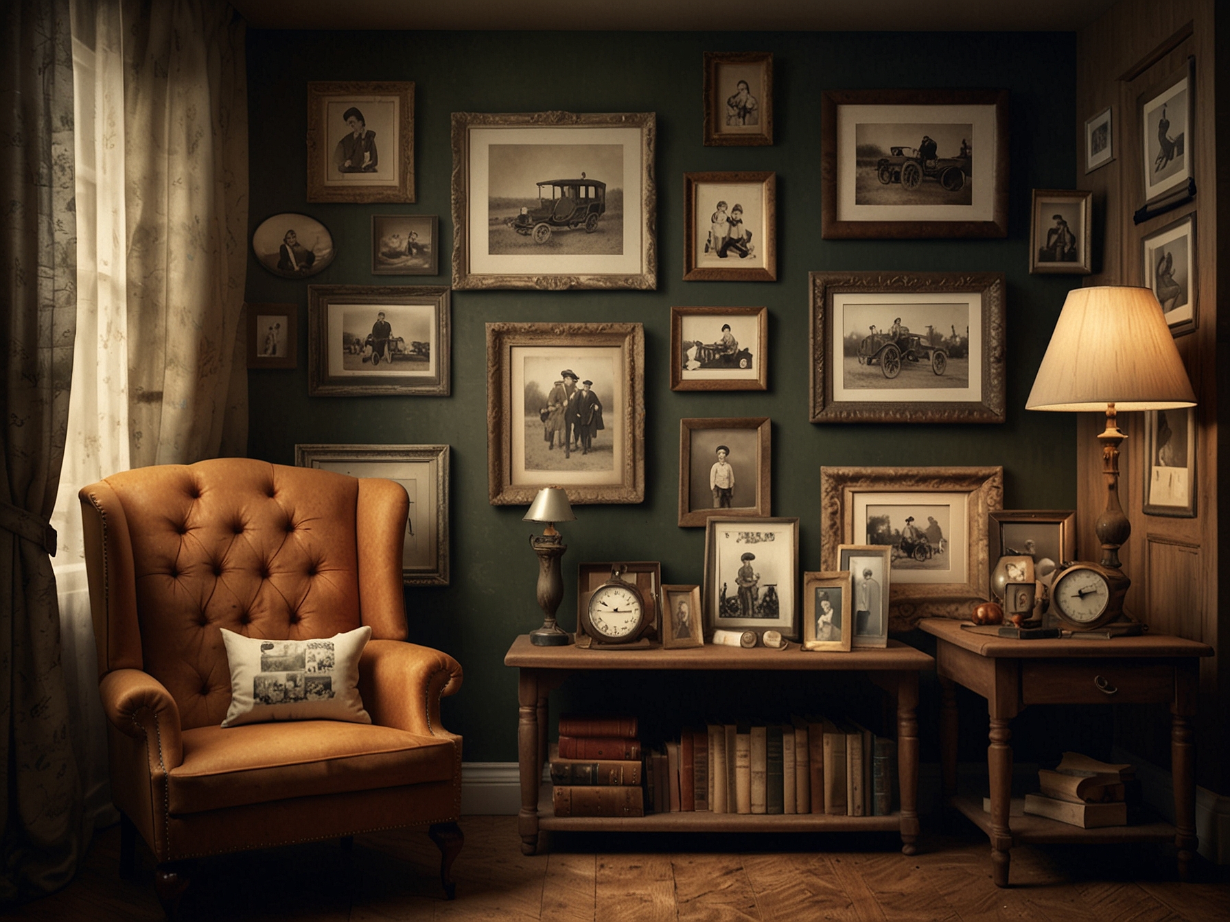 A beautifully arranged vintage display with old photographs and antique items, creating a nostalgic atmosphere that tells a story and adds warmth to the home.