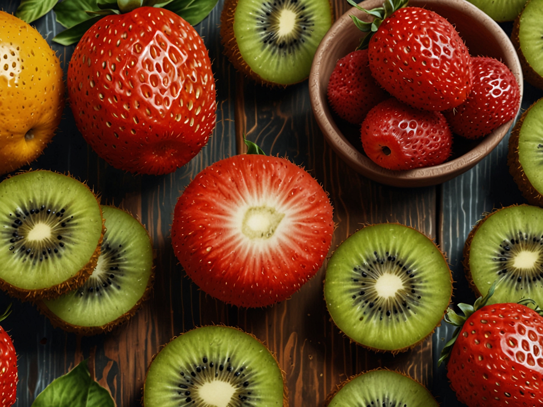 A vibrant assortment of fruits like strawberries and kiwis on a wooden table, symbolizing the importance of nutrition in maintaining healthy skin.