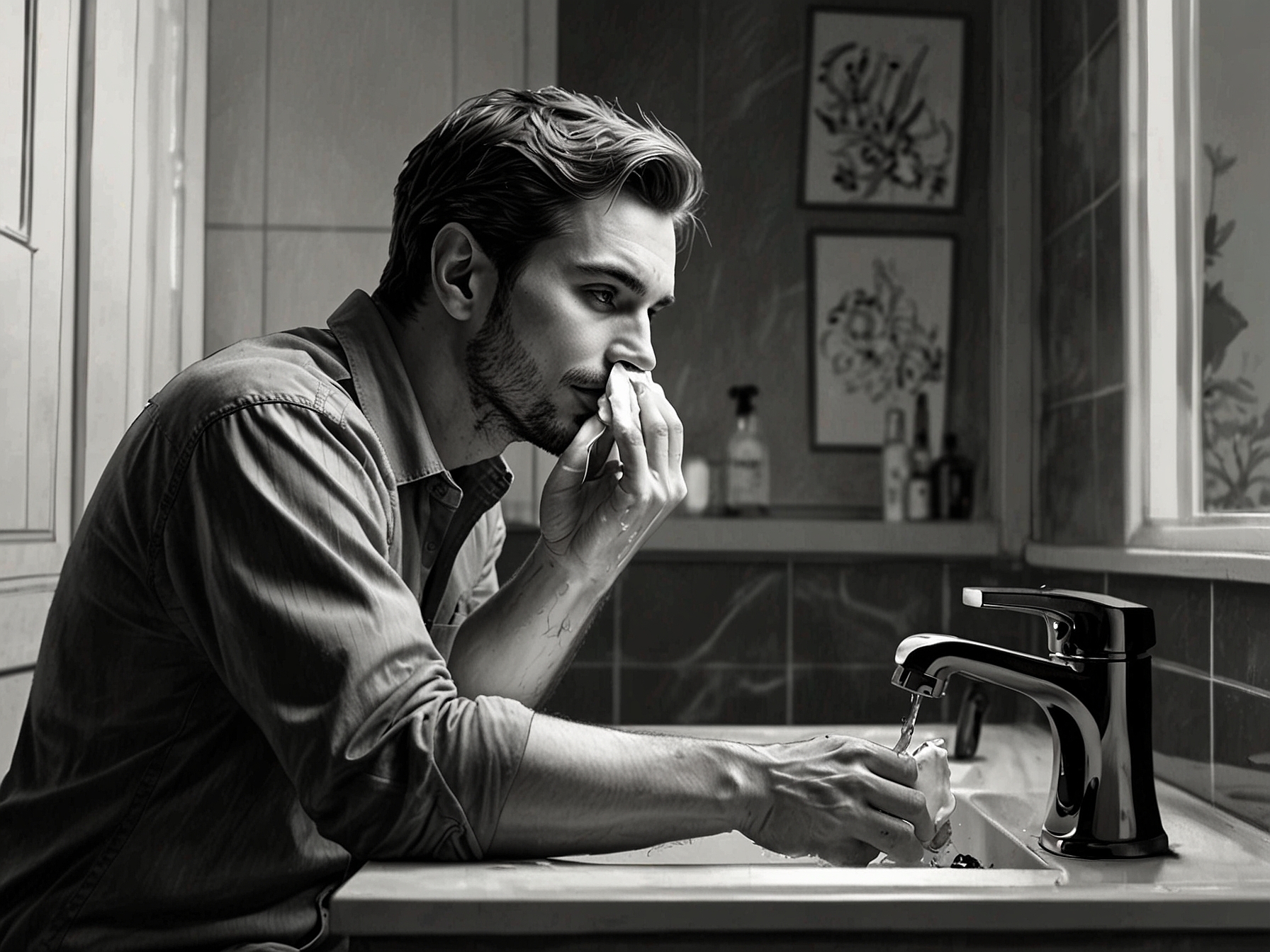 An image of a man cleaning his face at a bathroom sink, emphasizing the importance of maintaining cleanliness to combat pollution and treat the skin.