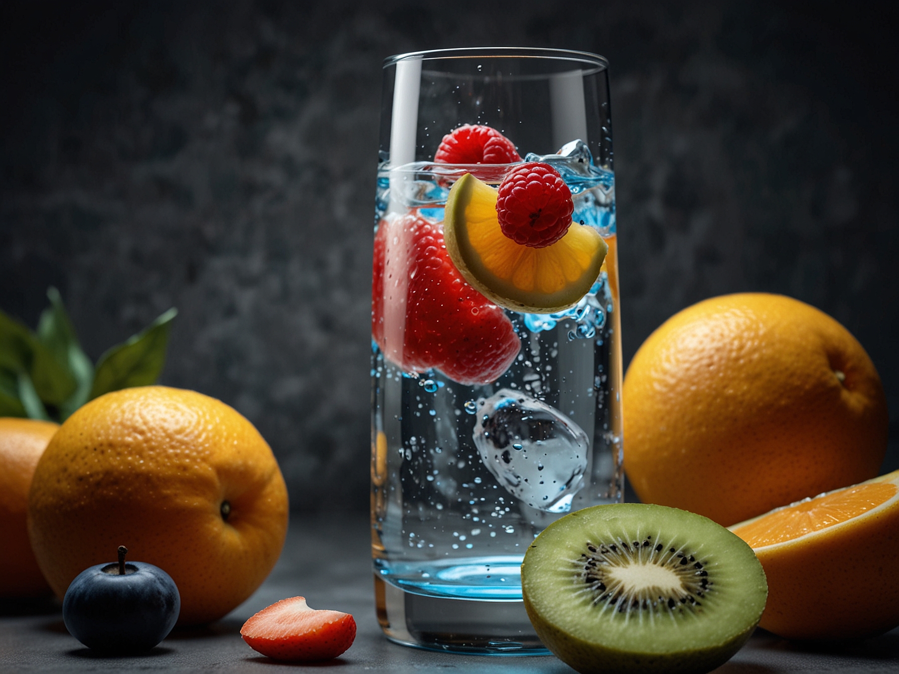 A refreshing glass of water surrounded by fresh fruits, symbolizing hydration and its significant impact on skin vitality and appearance.