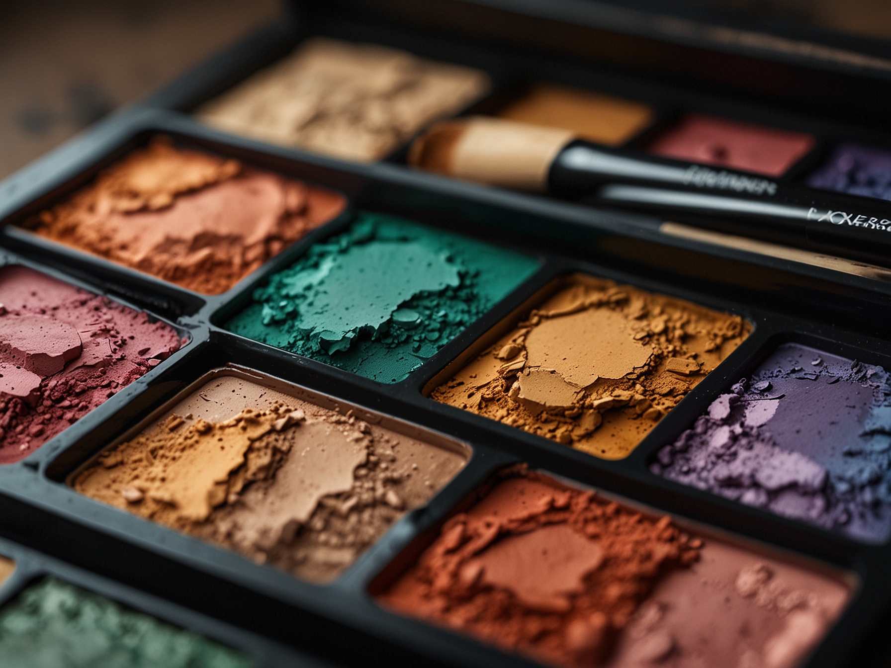 An aesthetic shot of colorful eyeshadows in various palettes with a brush next to them, illustrating how different eye makeup can create captivating looks.