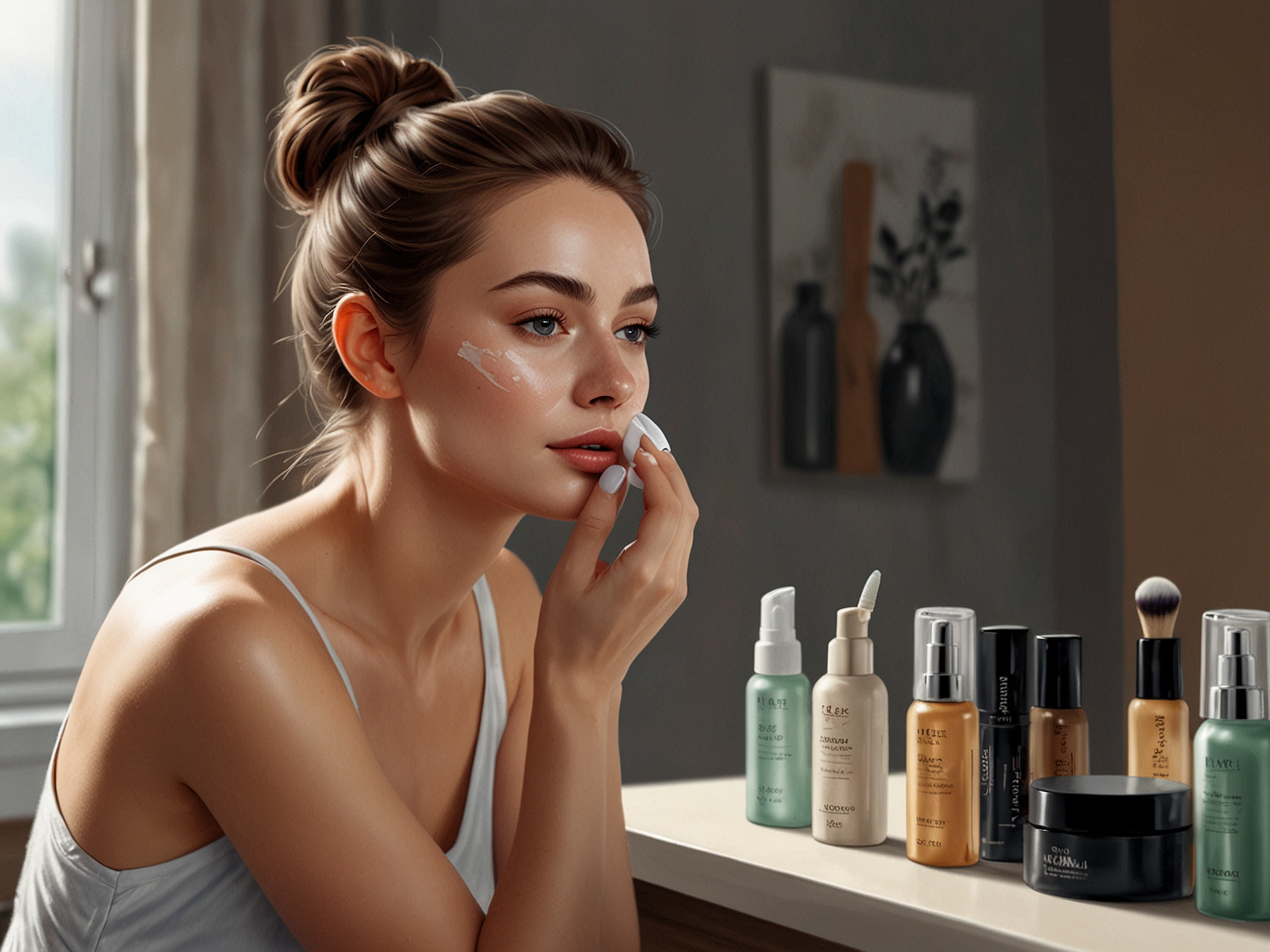 A serene image of a woman applying skincare products before makeup, emphasizing the significance of skincare in achieving a beautiful makeup finish.