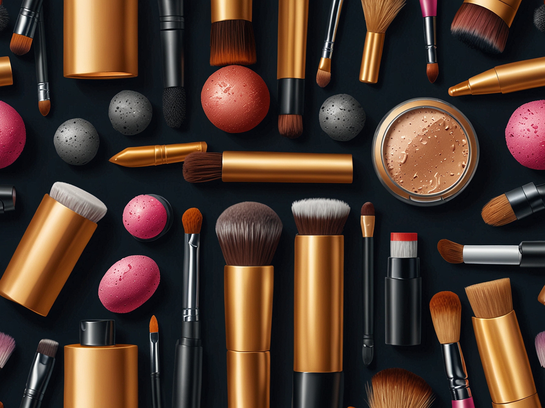 A stylish flat lay of makeup tools and products, including brushes and sponges, showcasing the variety of tools essential for perfecting makeup techniques.