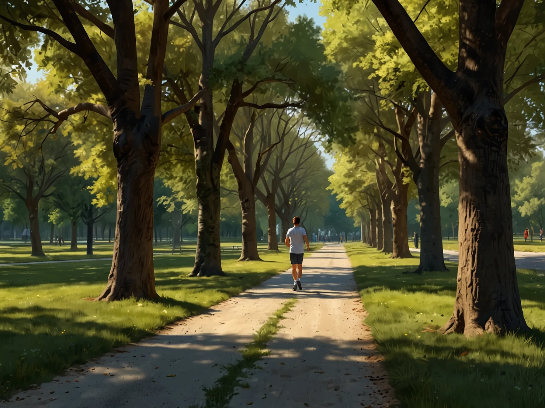 A peaceful park scene where a person jogs along a tree-lined path, illustrating the joy of outdoor exercise as a key element in maintaining fitness and well-being.