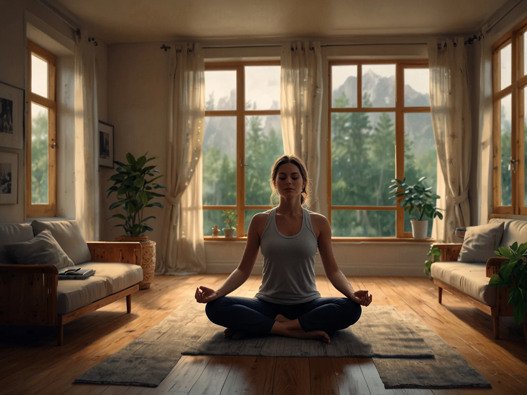 A cozy room with a person doing yoga on a mat, emphasizing relaxation and mindfulness as essential components of physical and mental health.