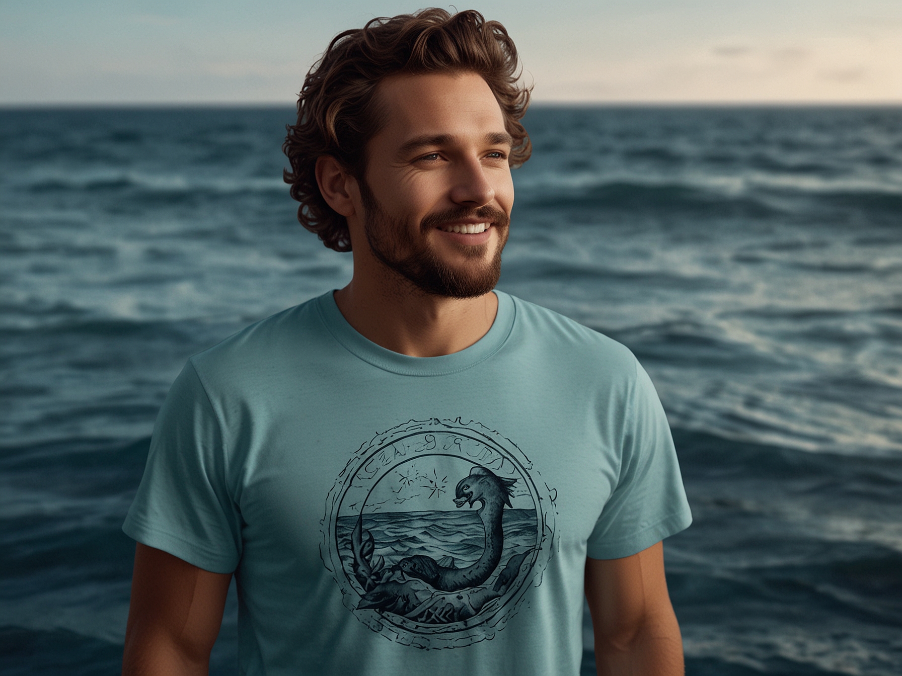 A man confidently showcasing an ocean-themed graphic tee, inspiring conversations about marine conservation through fashion choices.