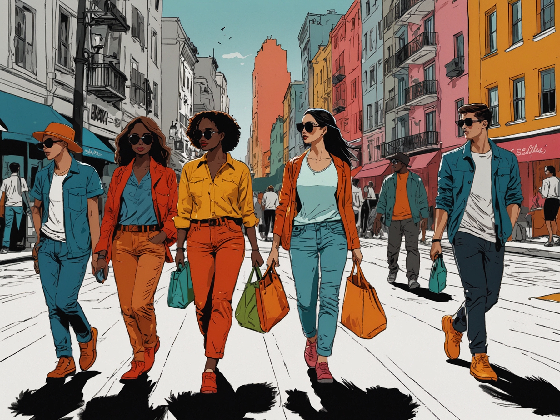 A vibrant street scene with young individuals displaying a mix of bold fashion styles, reflecting personal expression and the diversity of modern trends.