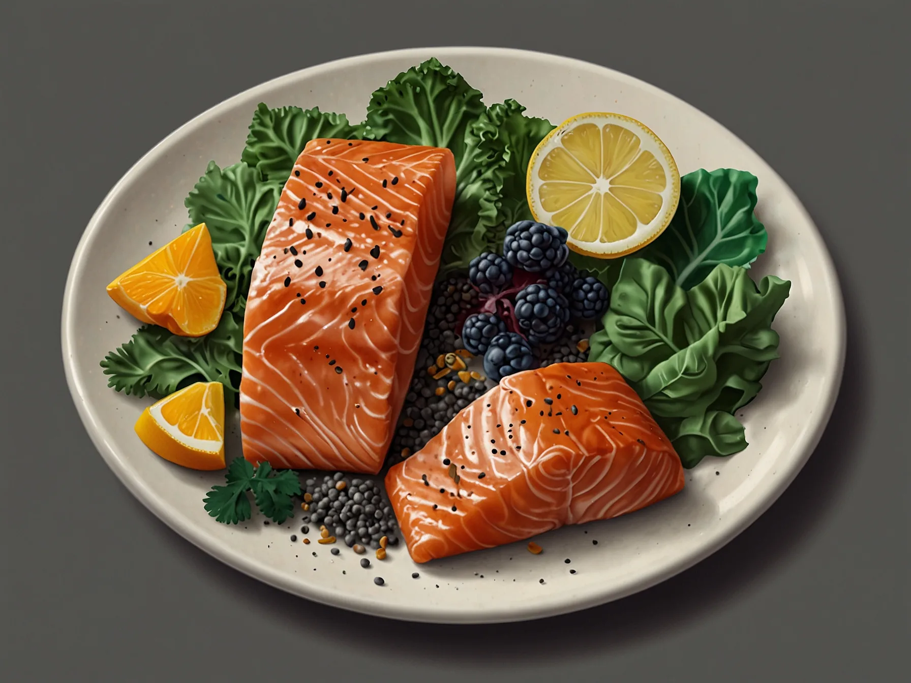 A colorful plate of nutritious foods such as salmon, leafy greens, and chia seeds, symbolizing the link between diet and healthy hair.