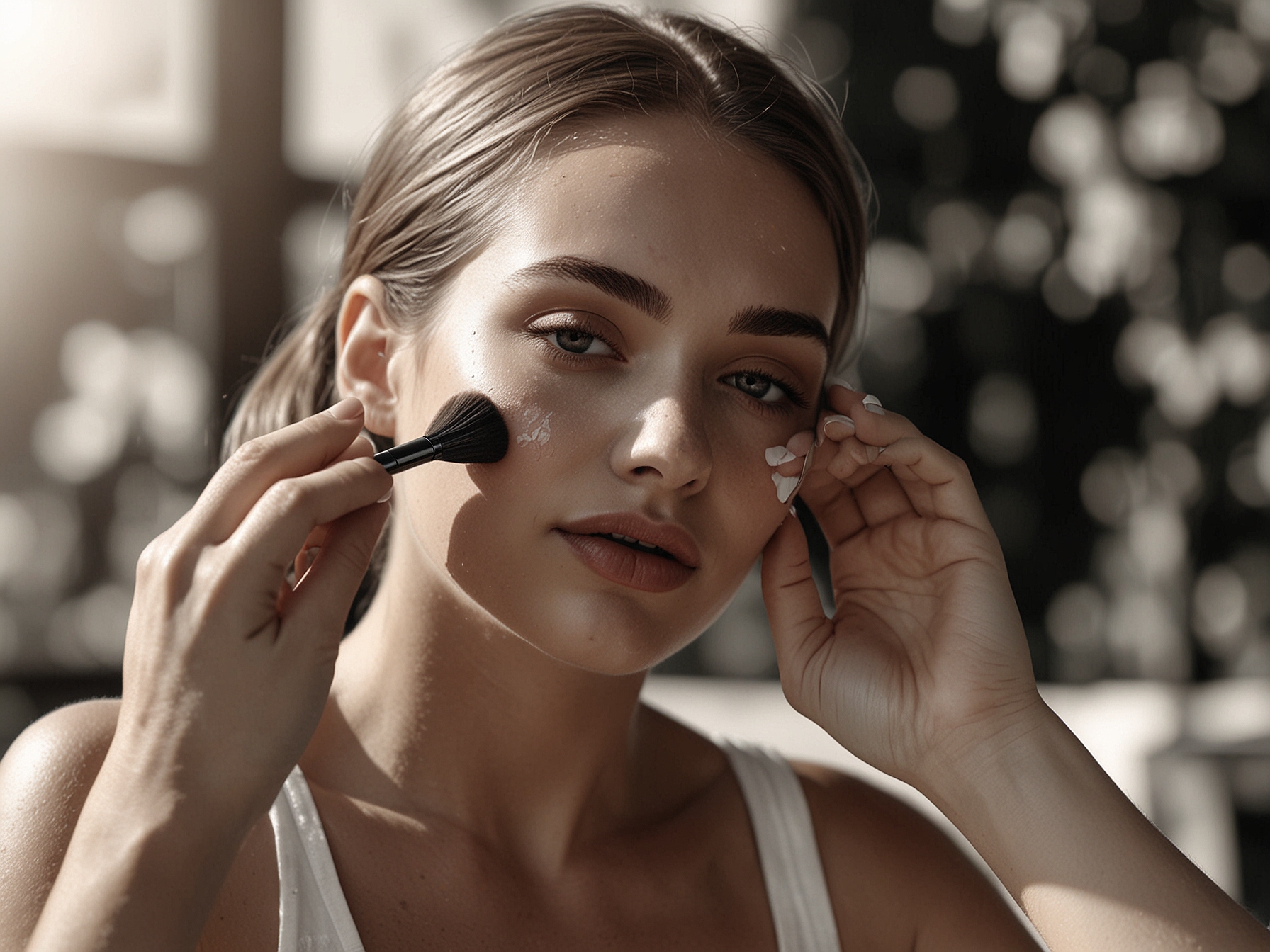 A woman applying lightweight makeup on a sunny summer day, demonstrating how to let the skin breathe while protecting it from the sun's harsh rays.