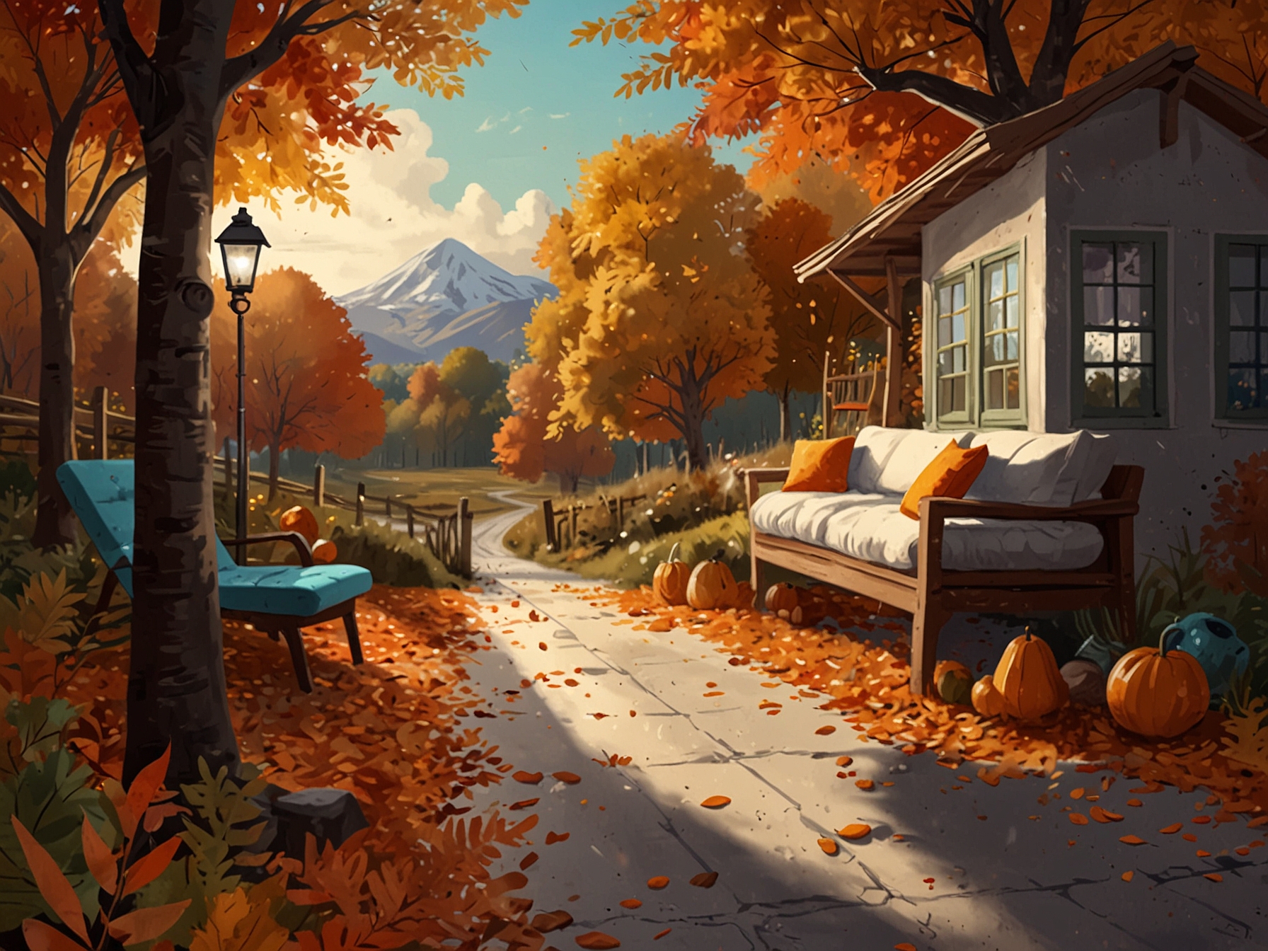 A cozy autumn scene with colorful falling leaves, where a person enjoys a natural moisturizing beauty routine using coconut oil or avocado extract.