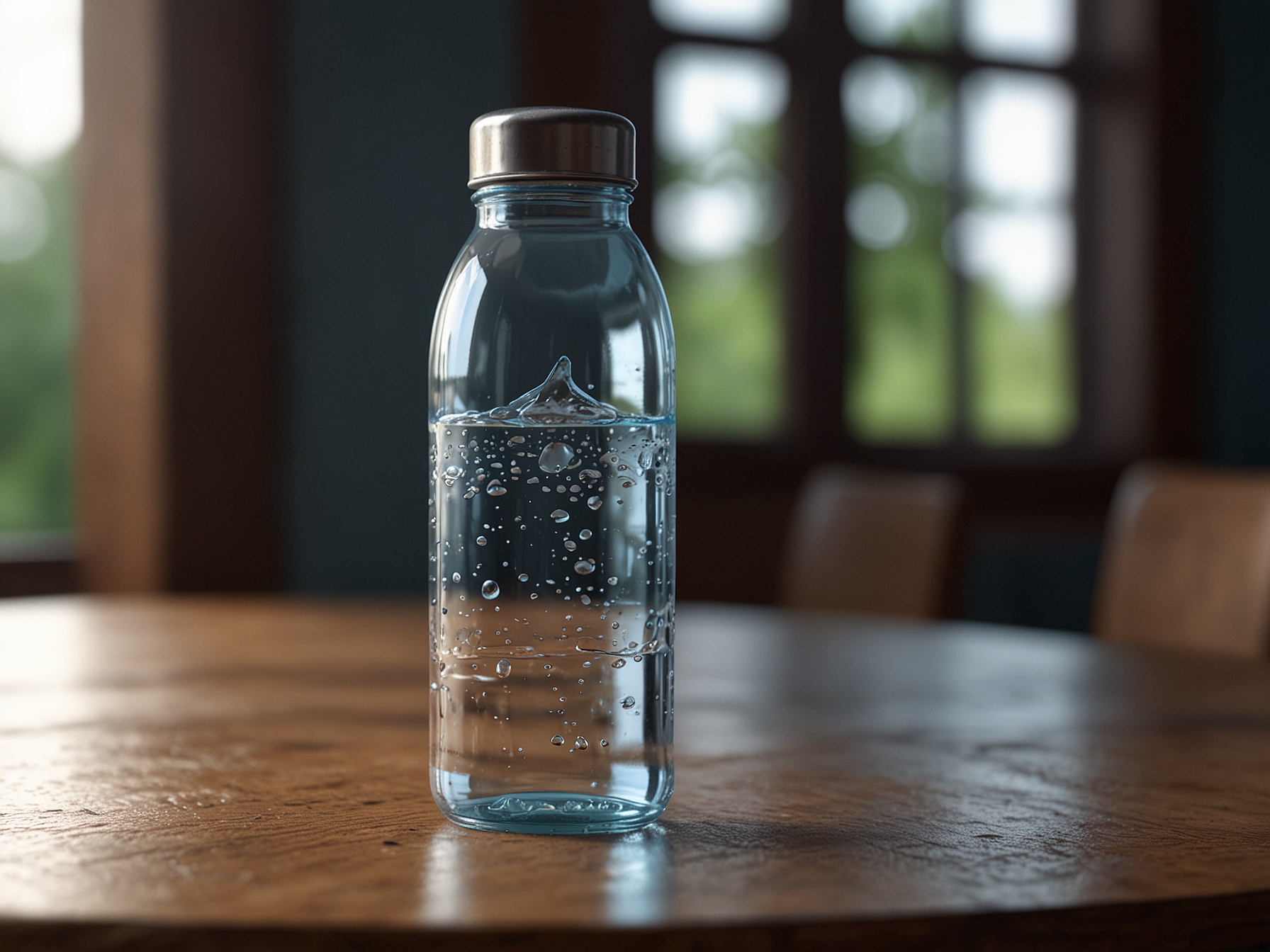 A serene water bottle placed on a wooden table, symbolizing the importance of hydration for skin health, reminding of the need to drink enough water daily.