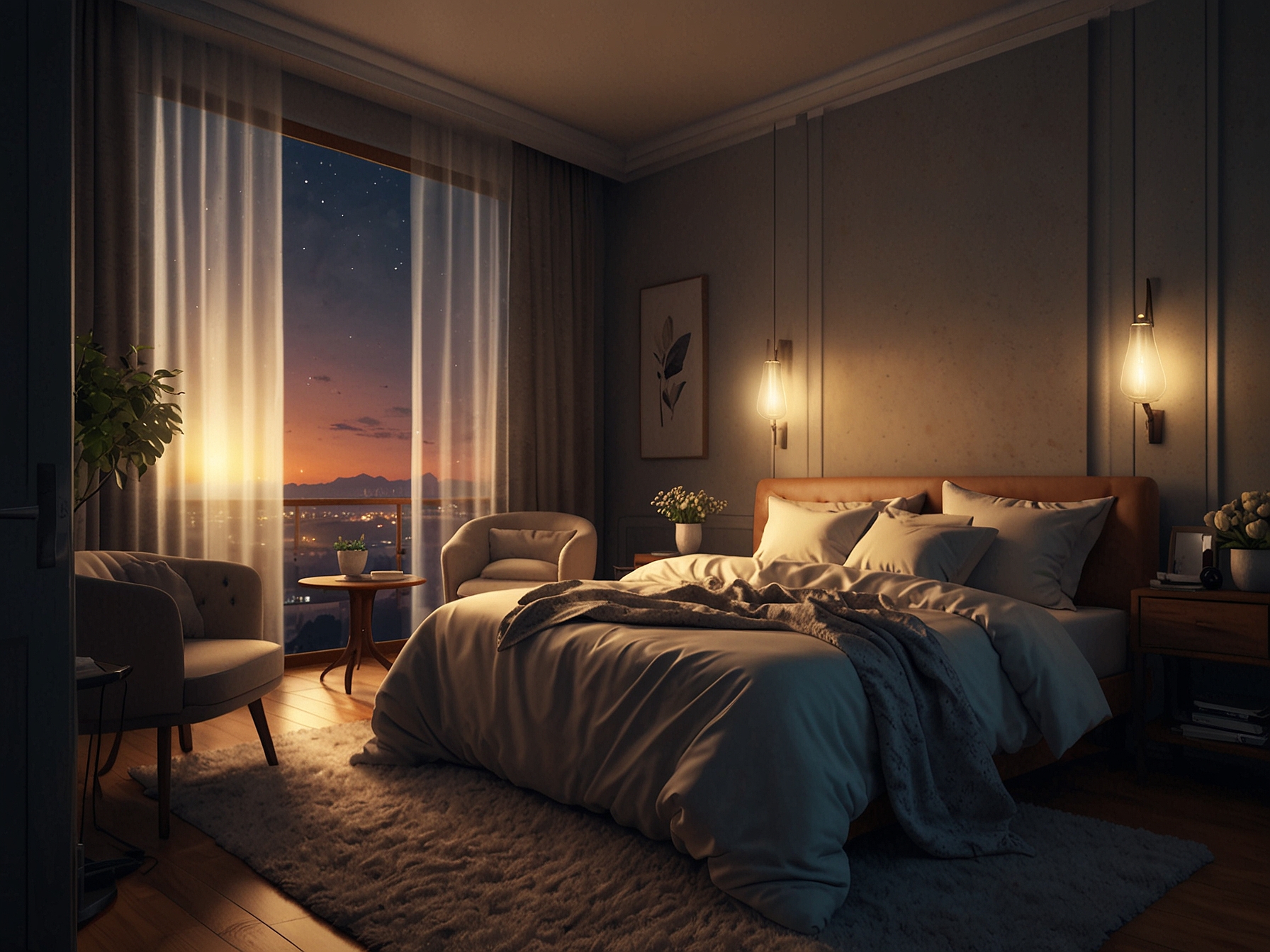 A peaceful bedroom scene with soft pillows and dim lighting, representing the importance of good sleep for skin rejuvenation and overall well-being.