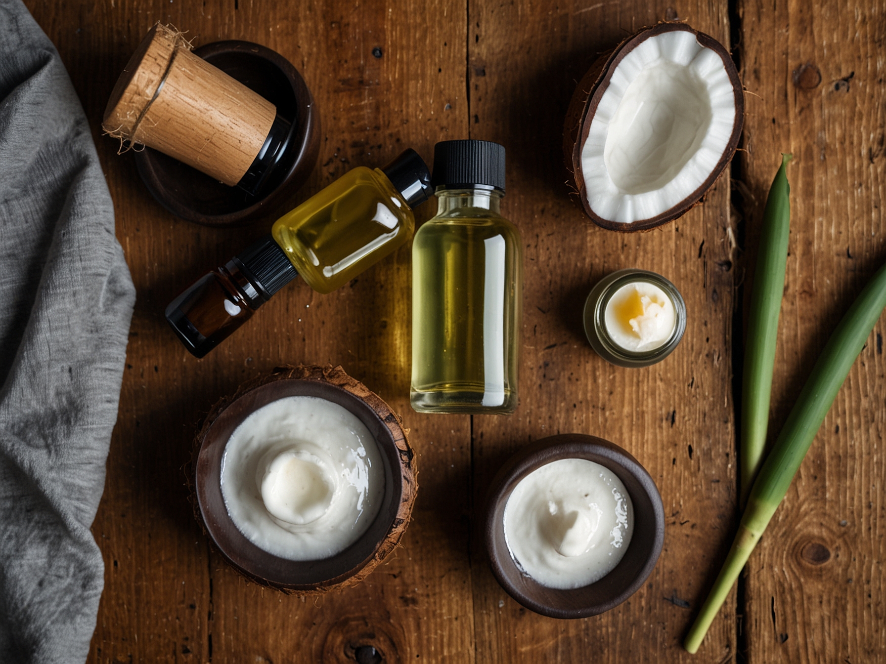 Natural skincare products like coconut oil and essential oils laid out on a rustic wooden surface, exemplifying the use of nature in skincare routines for hydration and protection.