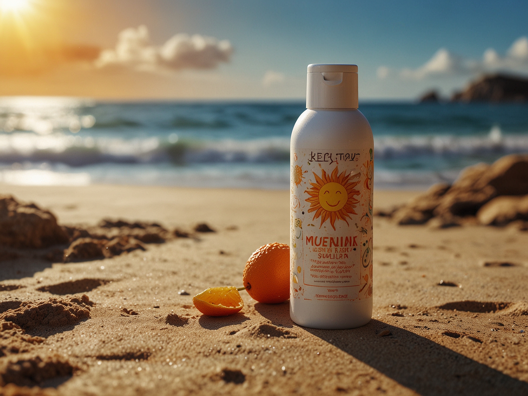 A sun-soaked beach with a bottle of sunscreen, emphasizing the necessity of sun protection to maintain healthy skin and prevent damage from UV rays.