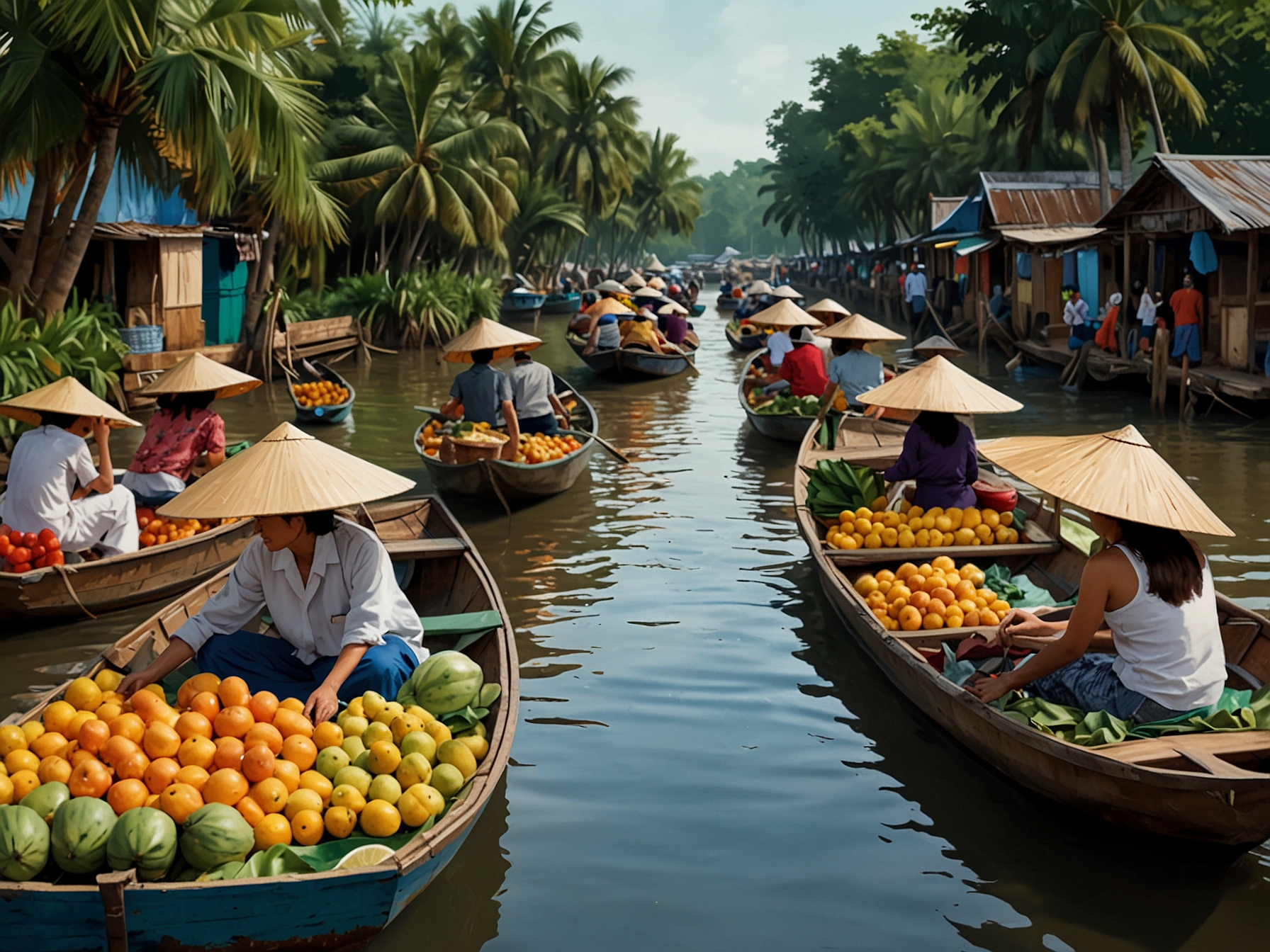 A crowded floating market in the Mekong Delta, with colorful boats filled with tropical fruits and local produce, representing the vibrant culture and economy of the area.