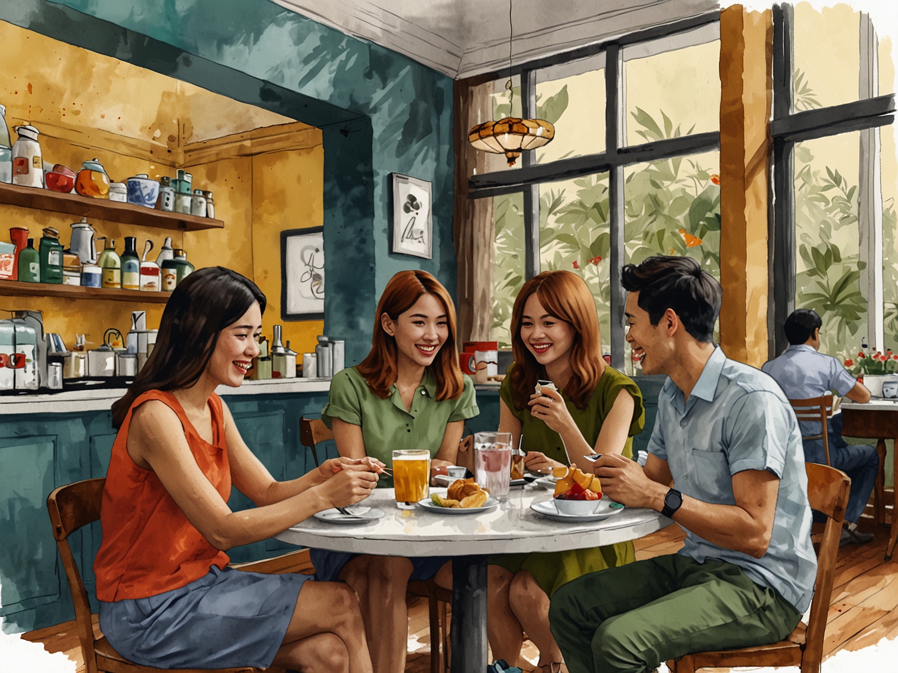 A group of friends enjoying afternoon tea at a modern café, surrounded by lively chatter and colorful drinks, showcasing the evolution of tea culture in Vietnam.