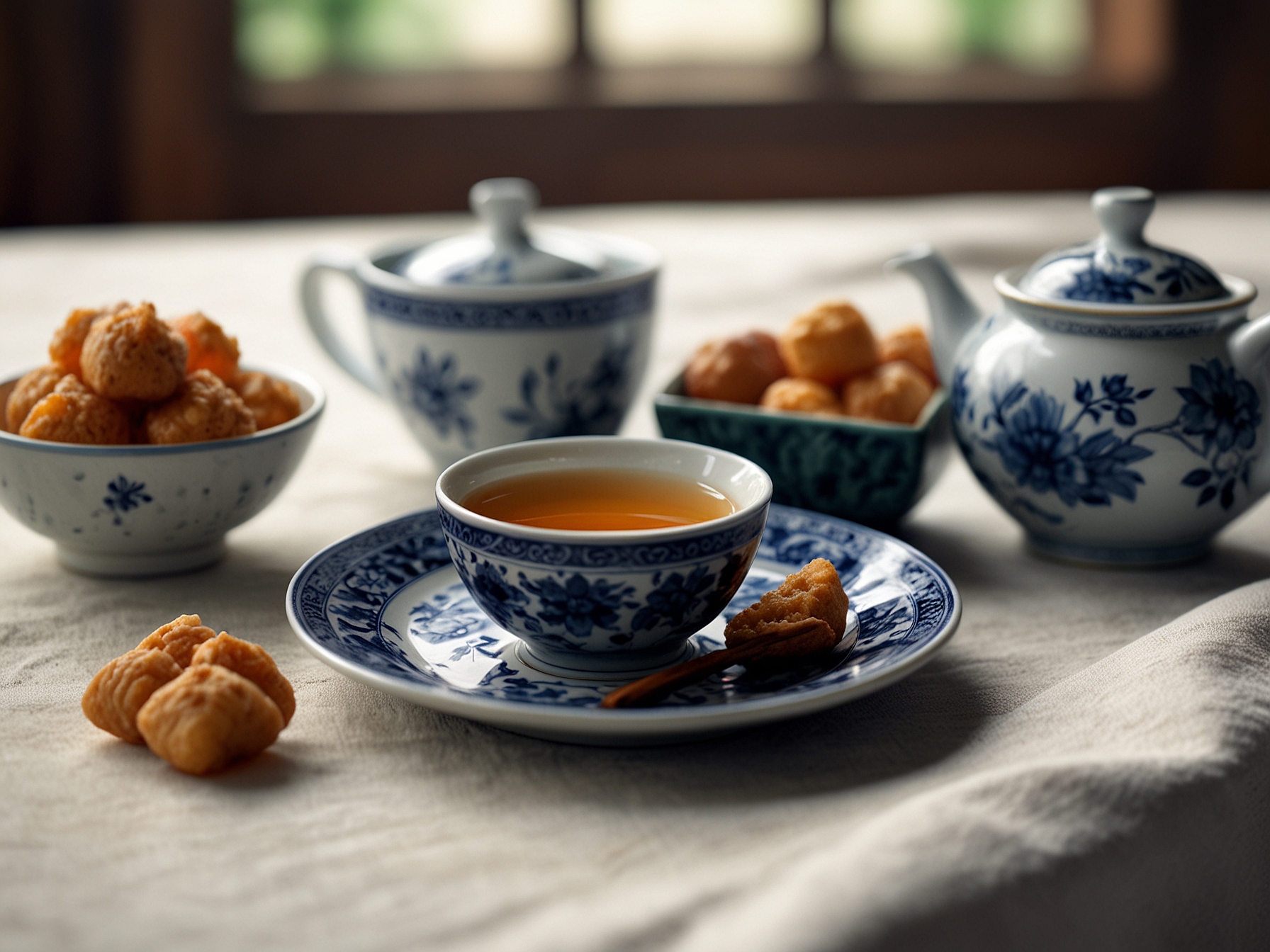 A traditional Vietnamese tea set with beautiful porcelain cups placed on a white tablecloth, accompanied by a variety of sweet treats, representing the art of sharing.