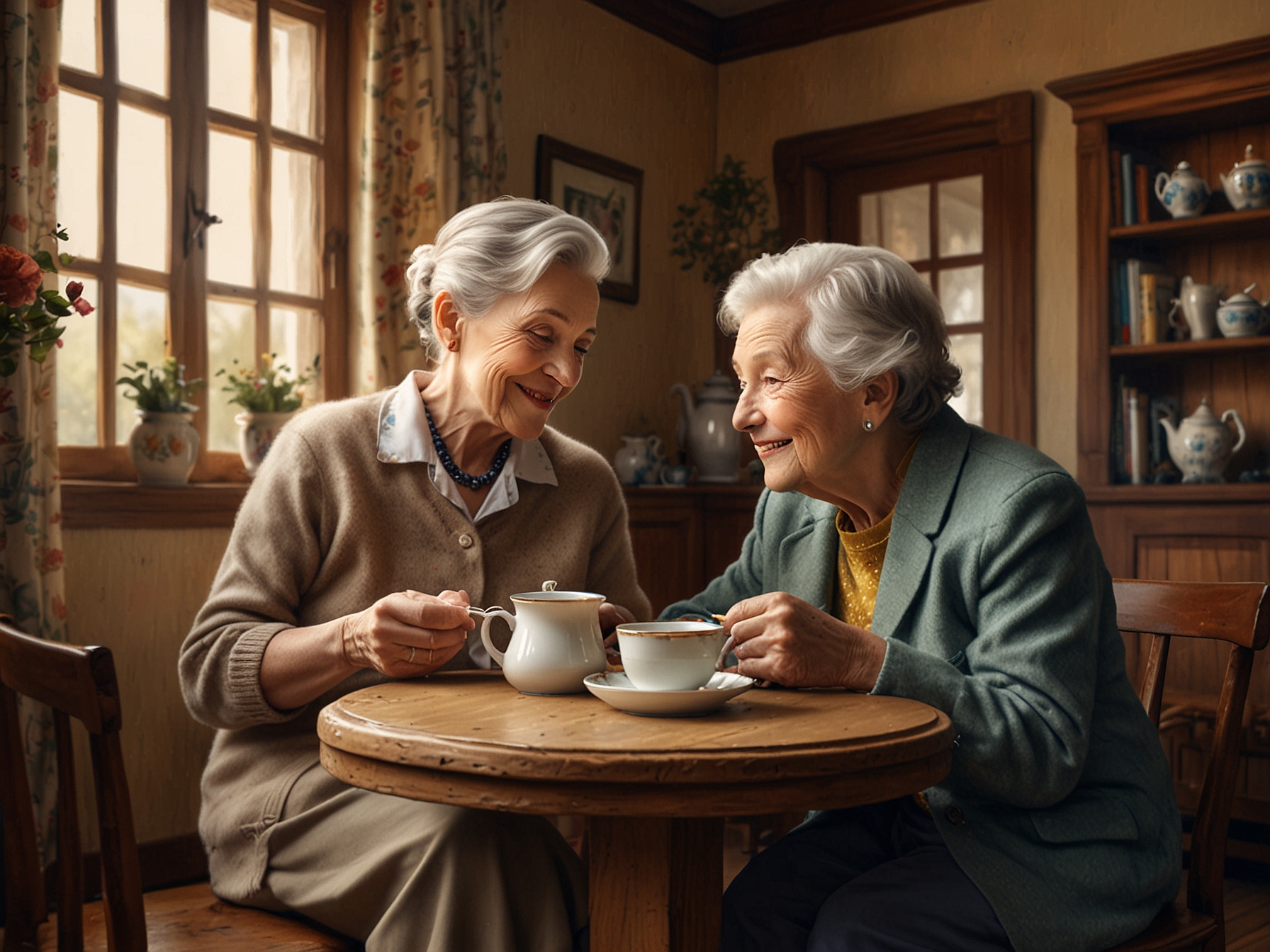 An elderly couple peacefully sipping tea together in a quaint tea house, embodying the essence of warmth and companionship that afternoon tea brings.