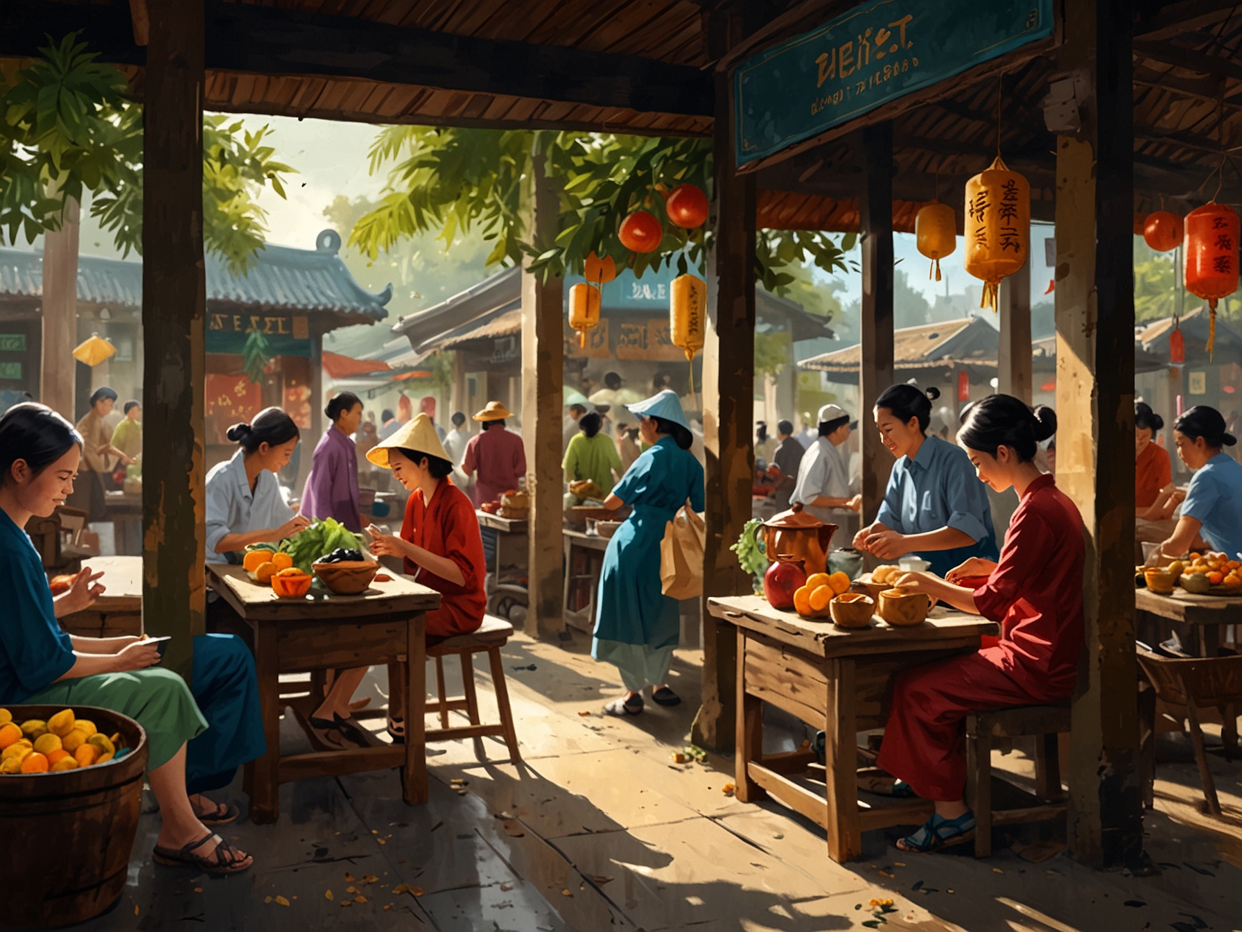 A vibrant market scene illustrating different regional teas in Vietnam, highlighting the diversity of flavors and experiences associated with afternoon tea.