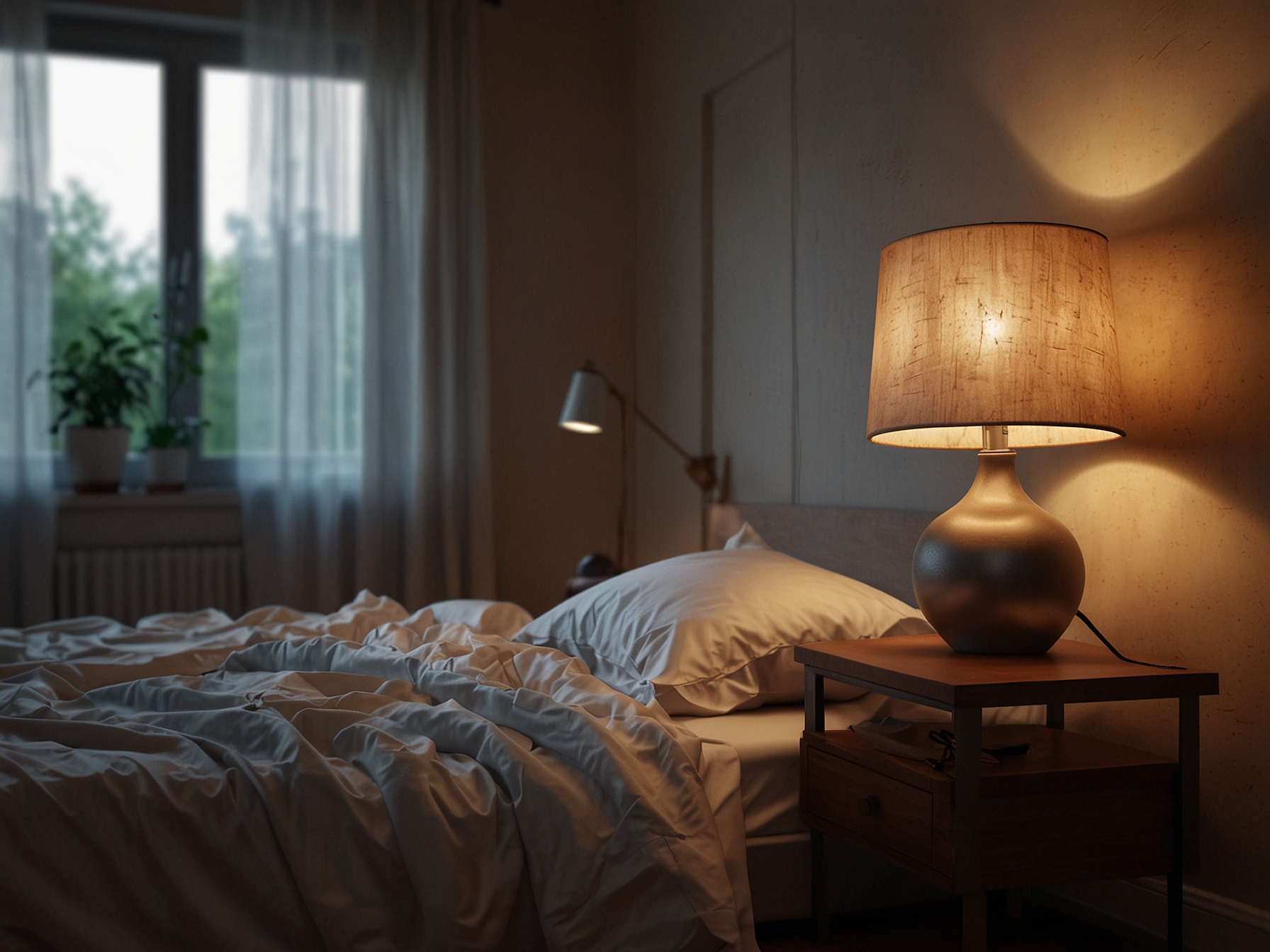 A unique bedside lamp casting warm light in a serene bedroom, enhancing the relaxation and creating an ideal space for dreams.