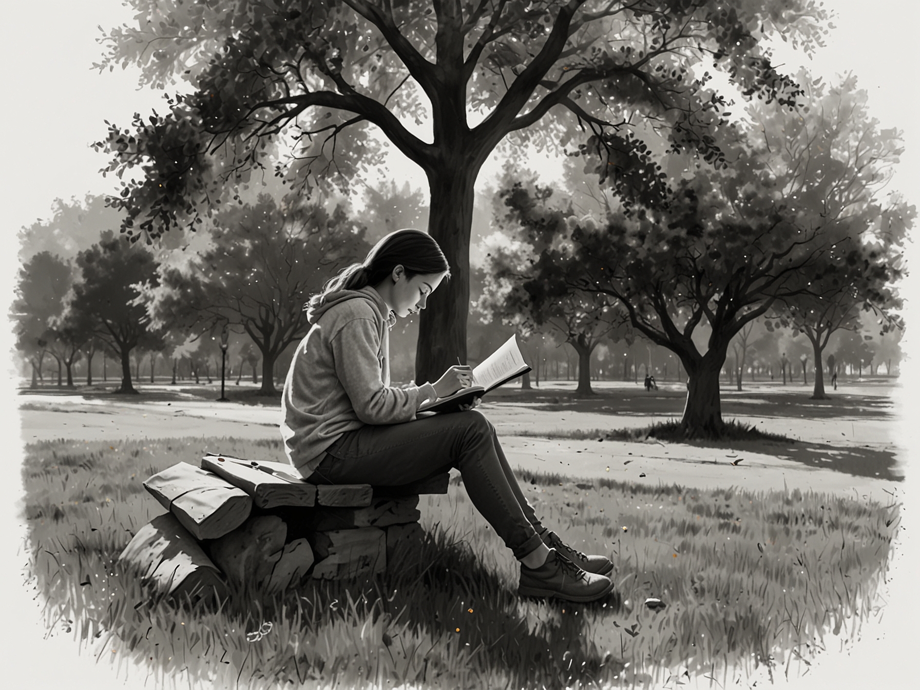 A serene scene of a person journaling in a park, reflecting on gratitude and positive thoughts amidst the beauty of nature.