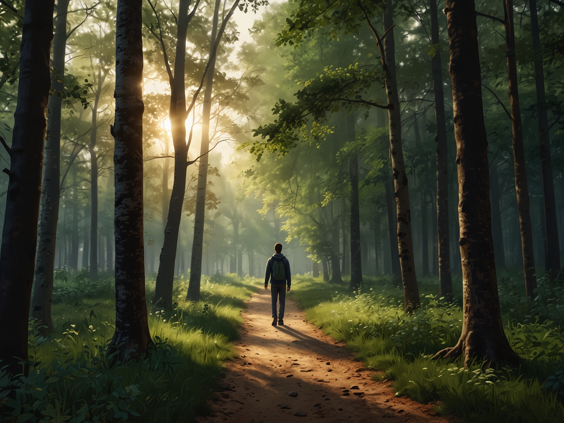 A person enjoying a peaceful walk in the woods, symbolizing self-care and the importance of taking breaks to recharge mentally and emotionally.