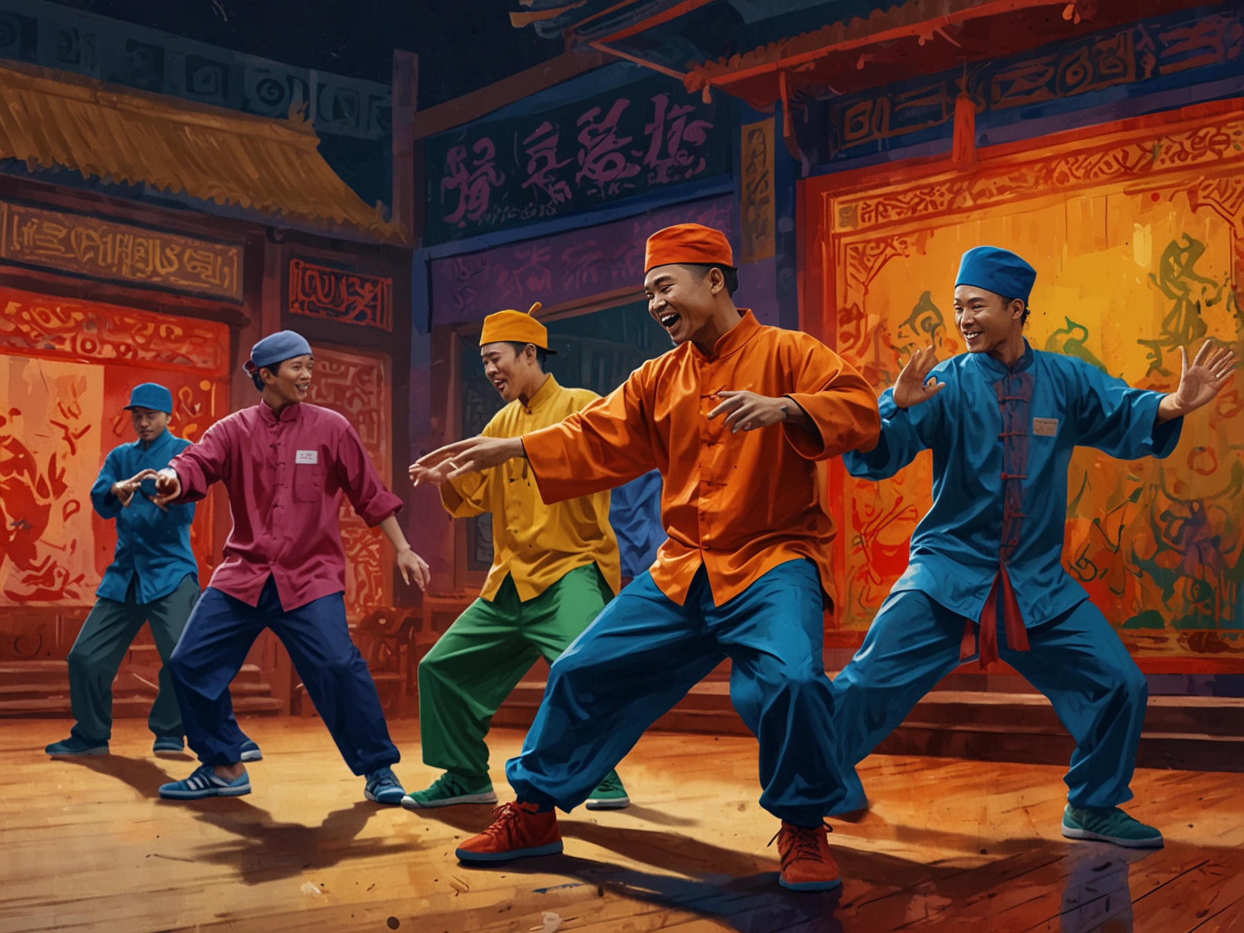 A colorful stage with performers blending traditional Vietnamese dances with hip hop moves, illustrating the dynamic evolution of Vietnamese music and its cultural impacts.