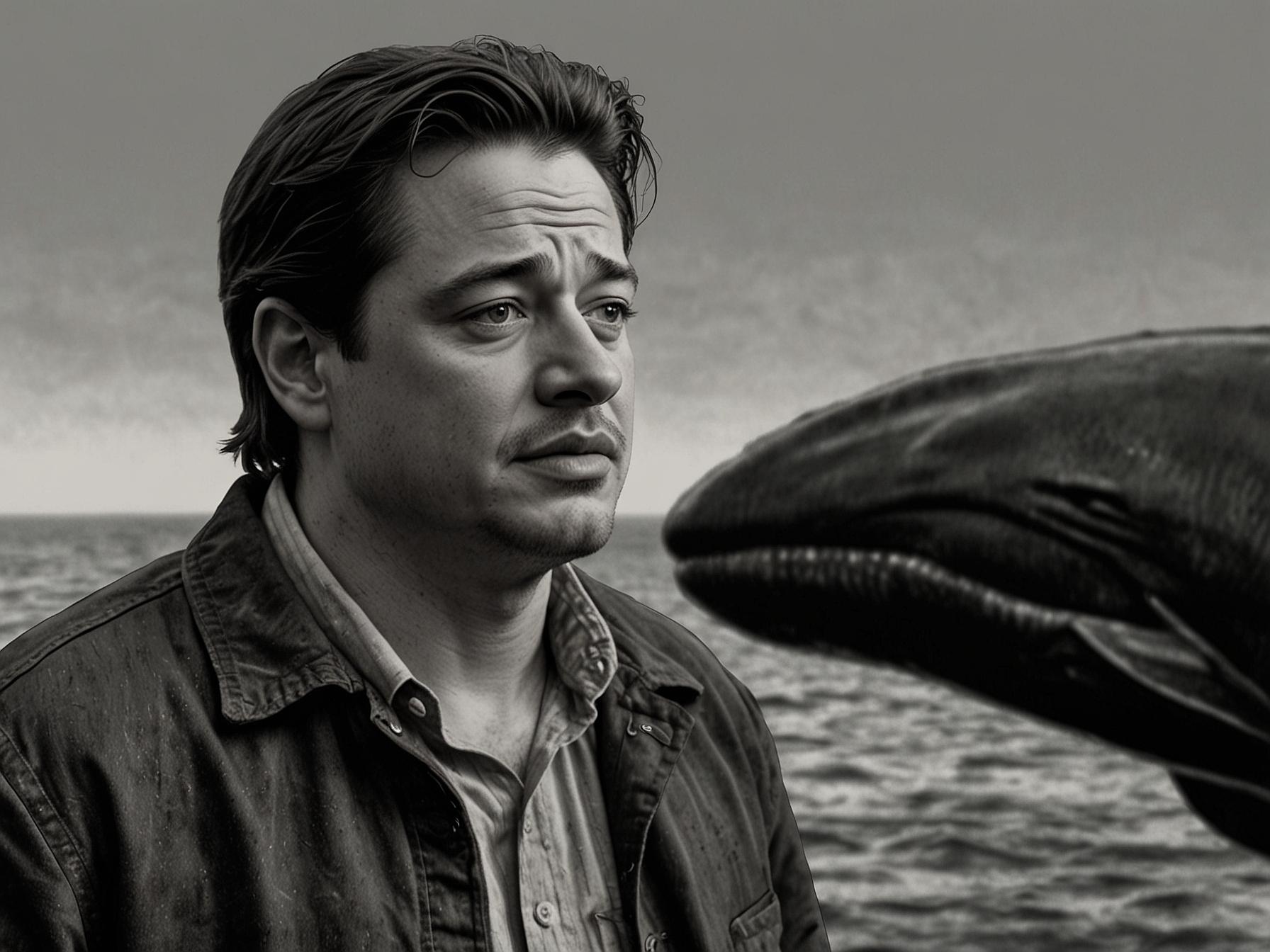 Brendan Fraser in an emotional scene from 'The Whale', conveying the essence of his character's struggles with weight and the quest for acceptance.