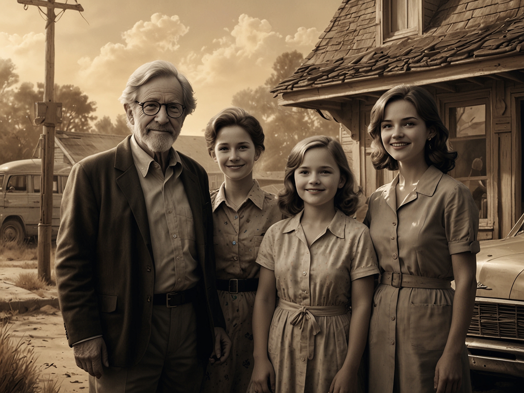 A heartfelt family reunion in 'The Fabelmans', set against a warm backdrop, highlighting Steven Spielberg's exploration of personal memories and relationships.