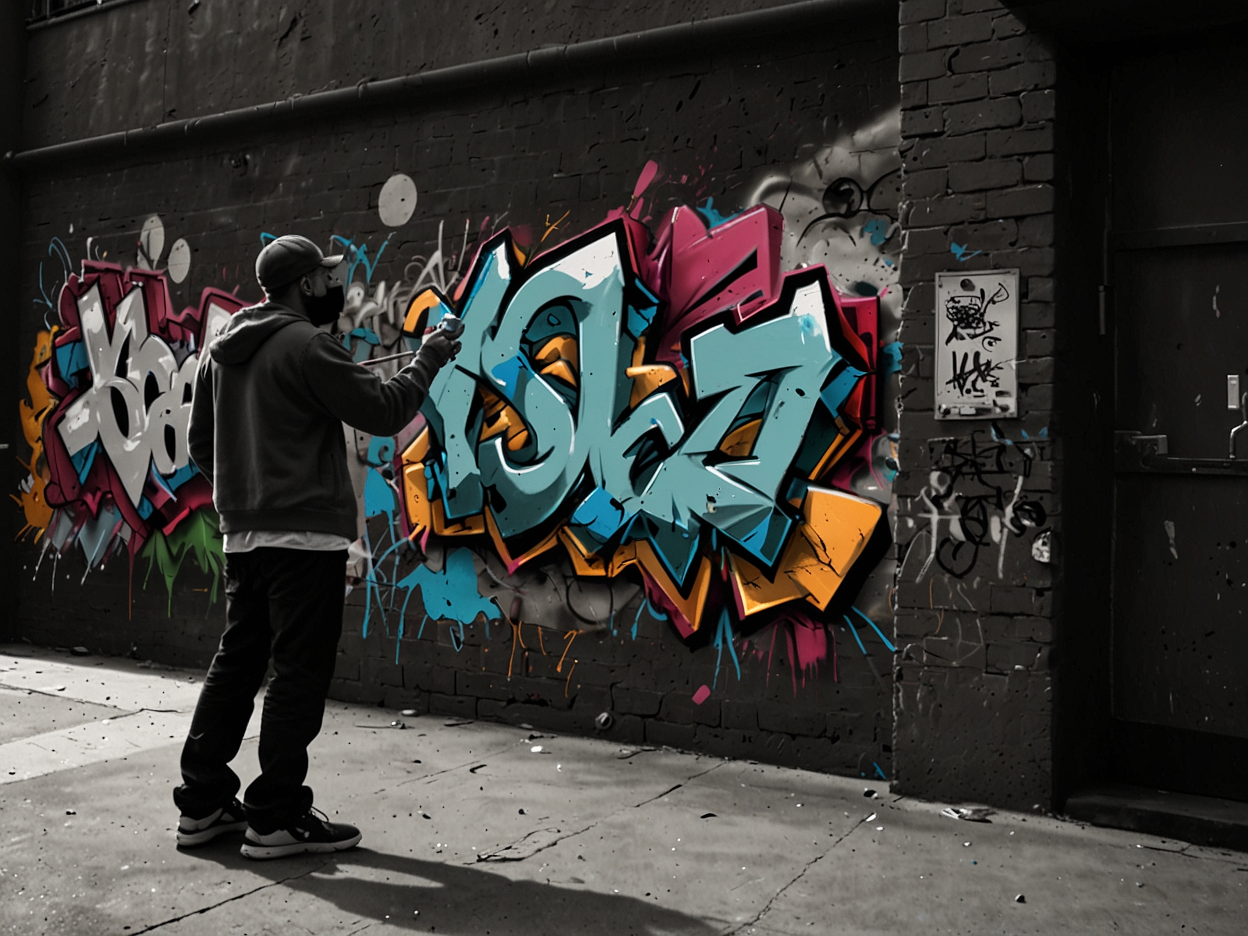 A graffiti artist passionately creating a piece on a large wall, capturing the attention of onlookers who are fascinated by the process of street art creation.