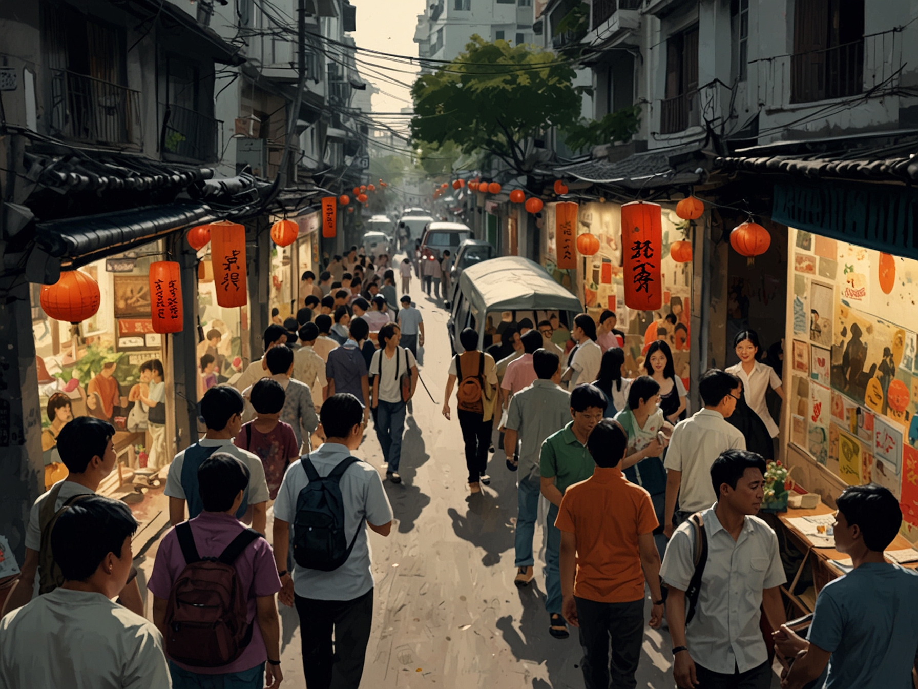 A crowded street during the Urban Arts festival in Hanoi, showcasing various artists and their artworks, bringing the community together with creativity and culture.