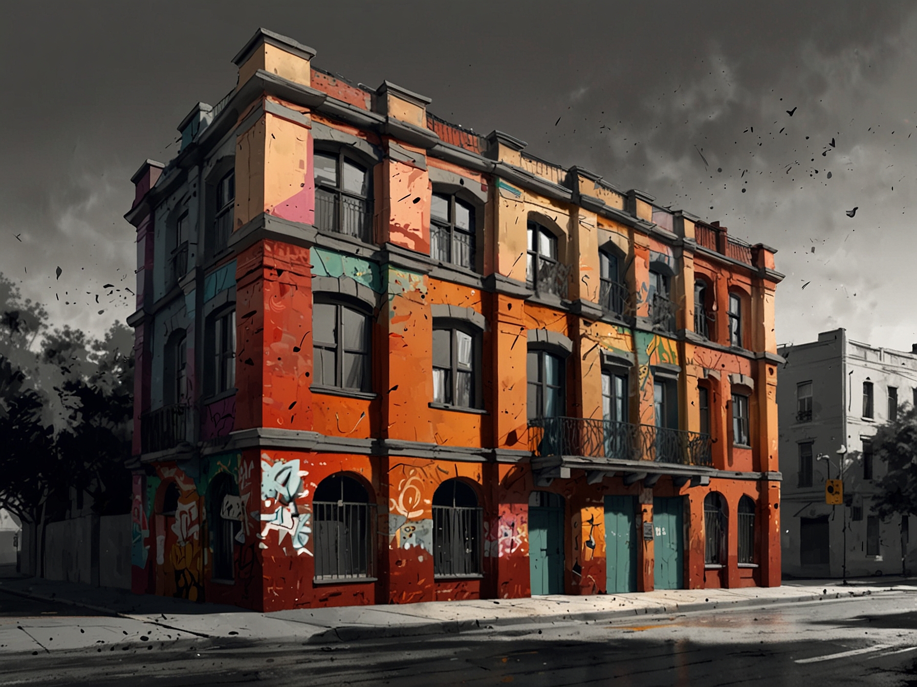 An old city building covered in stunning street art, transforming the dull grayness into a lively and colorful scene that tells stories of the neighborhood.