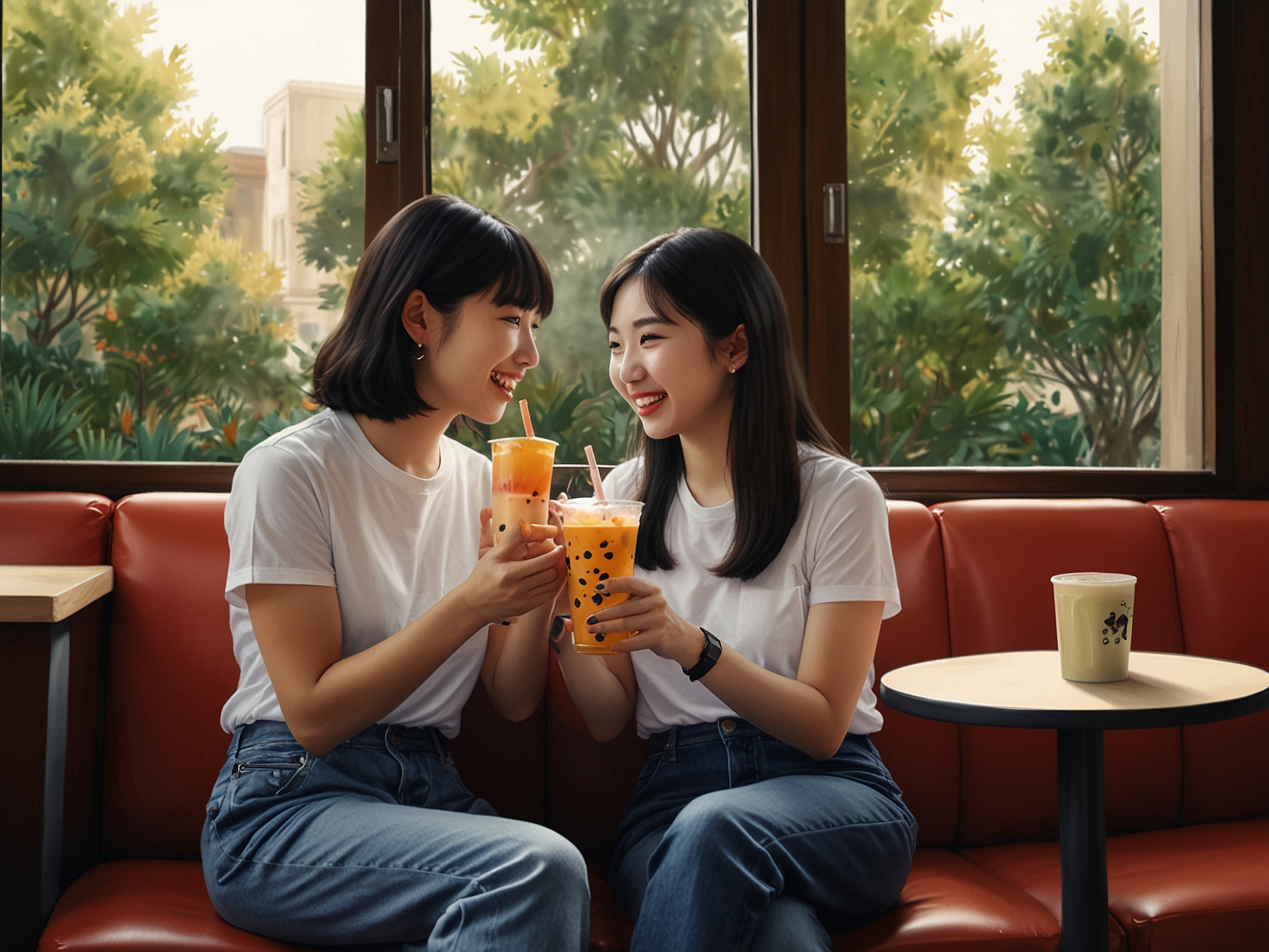 Two friends sharing a bubble tea, one suggesting to find someone special to share it, exemplifying friendly flirting and spontaneity.