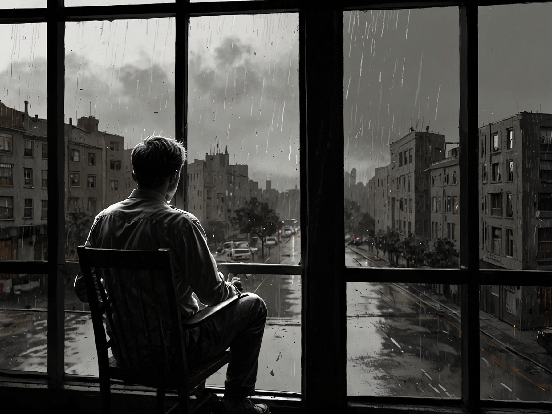 An individual sitting by a window, gazing out at the rain, symbolizing introspection and the quiet moments when one confronts their emotions.