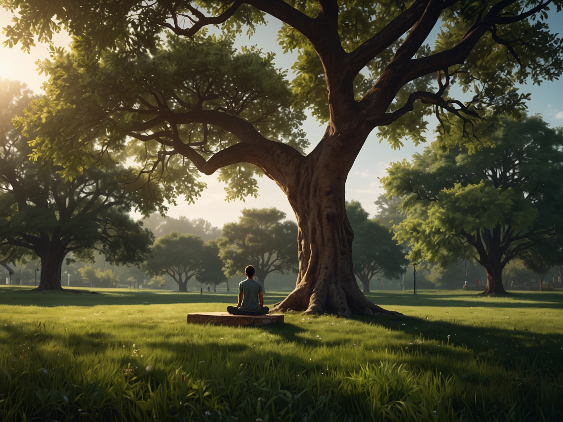 A tranquil park where a person practices meditation under a tree, illustrating the importance of mindfulness and reconnecting with oneself in the midst of nature.