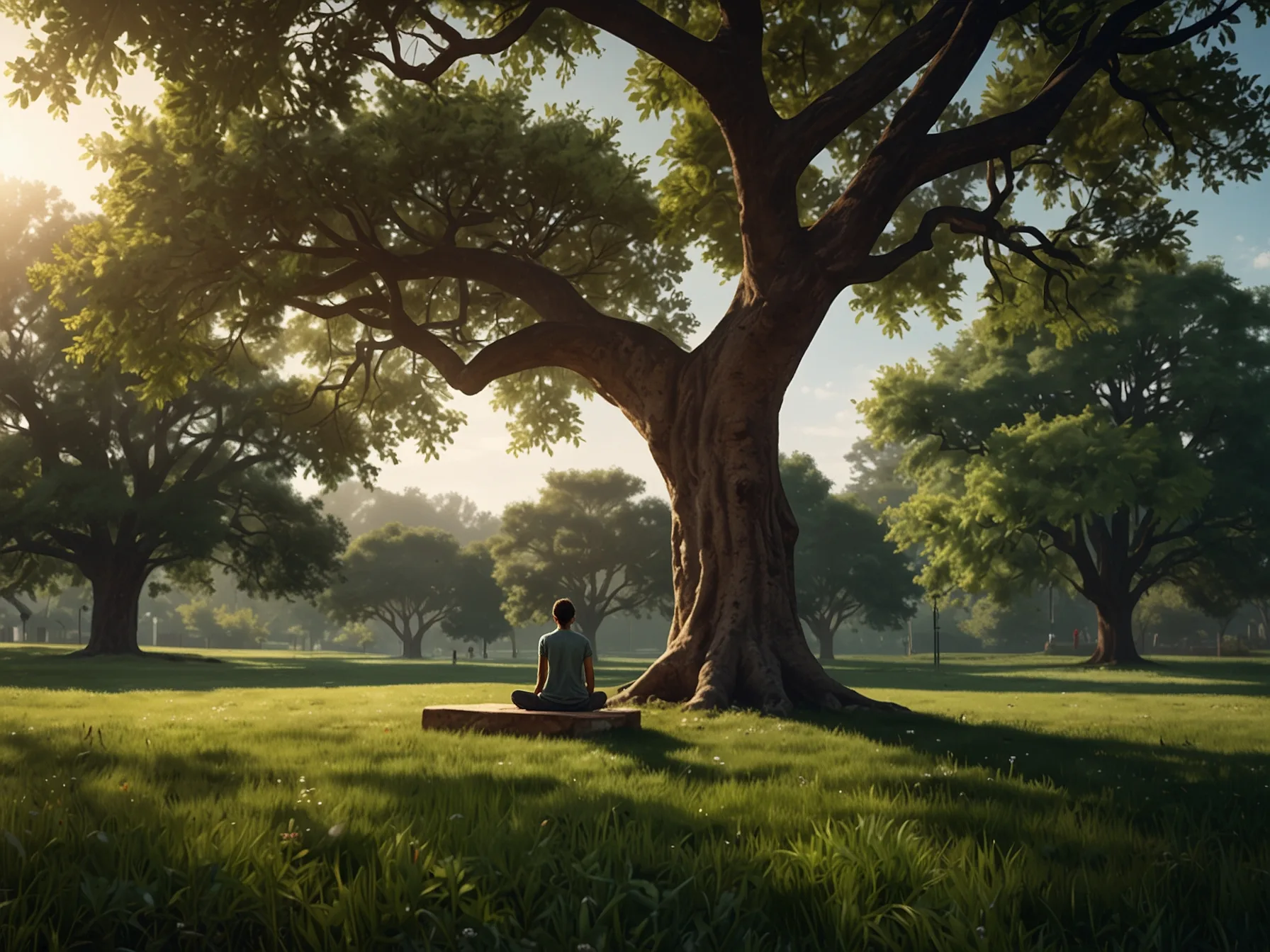 A tranquil park where a person practices meditation under a tree, illustrating the importance of mindfulness and reconnecting with oneself in the midst of nature.