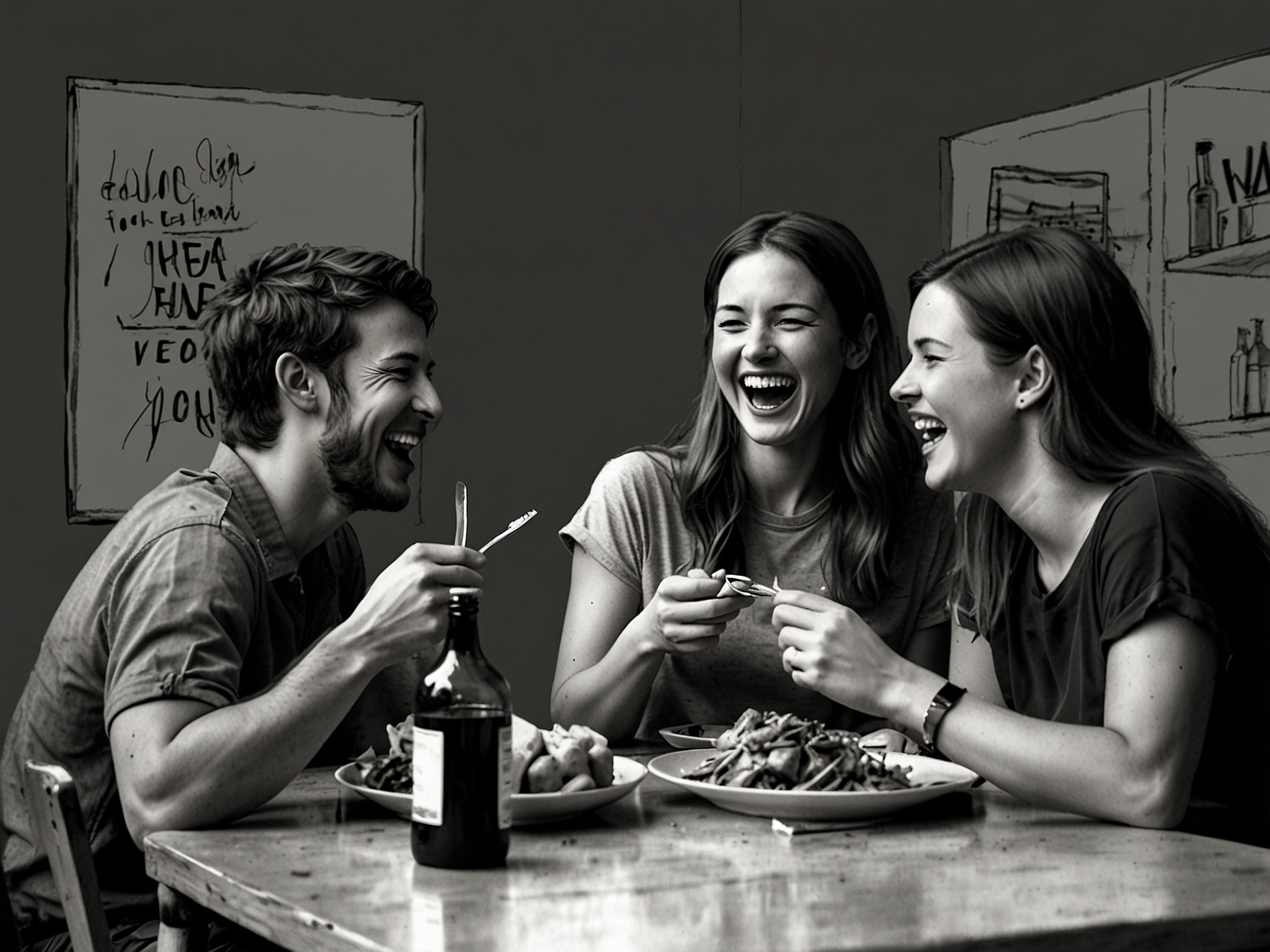 A group of friends laughing and sharing a meal together, showing the value of quality relationships and how joy multiplies when shared with loved ones.