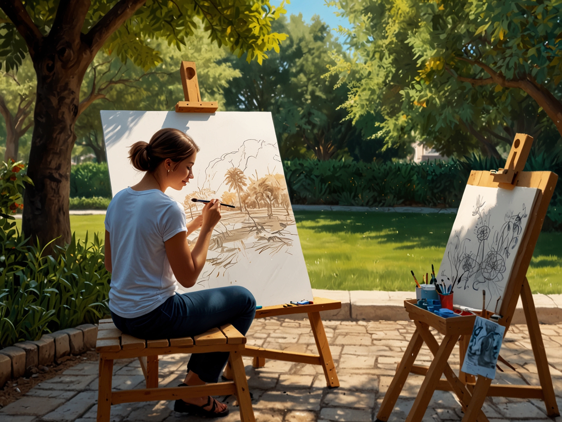 An artistic scene featuring a person painting outside, expressing creativity as a way to relieve stress and enhance life's experiences through art.