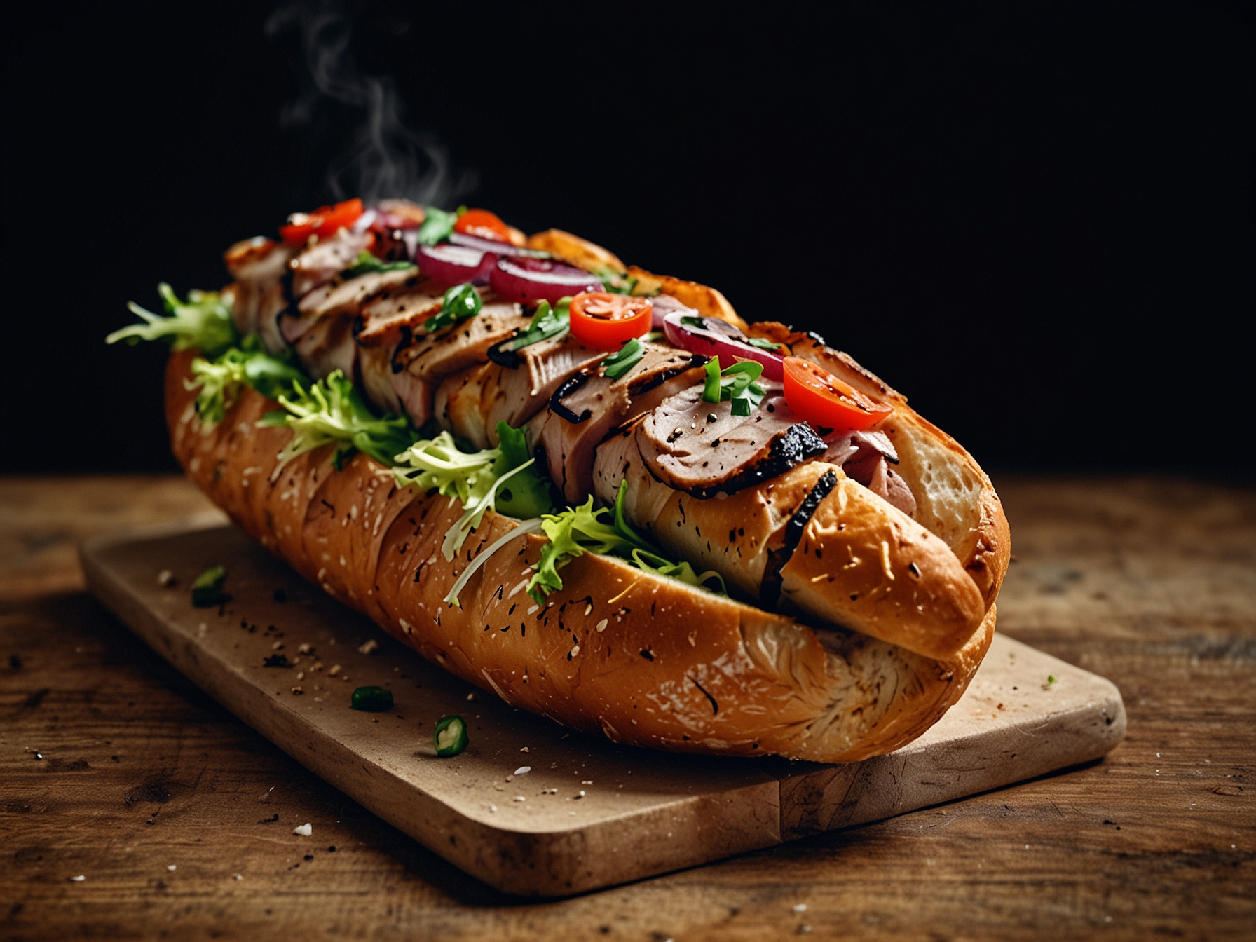 A close-up of a fresh baguette filled with grilled pork and pickled vegetables, showcasing the perfect blend of French and Vietnamese culinary traditions.